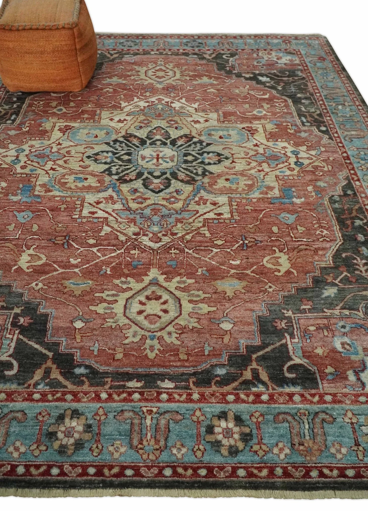 Hand Knotted Ivory, Rust and Blue Antique Persian Heriz Serapi Wool Rug, 5x8, 6x9, 8x10 and 9x12 Living Room Rug | TRD2557 - Image 3