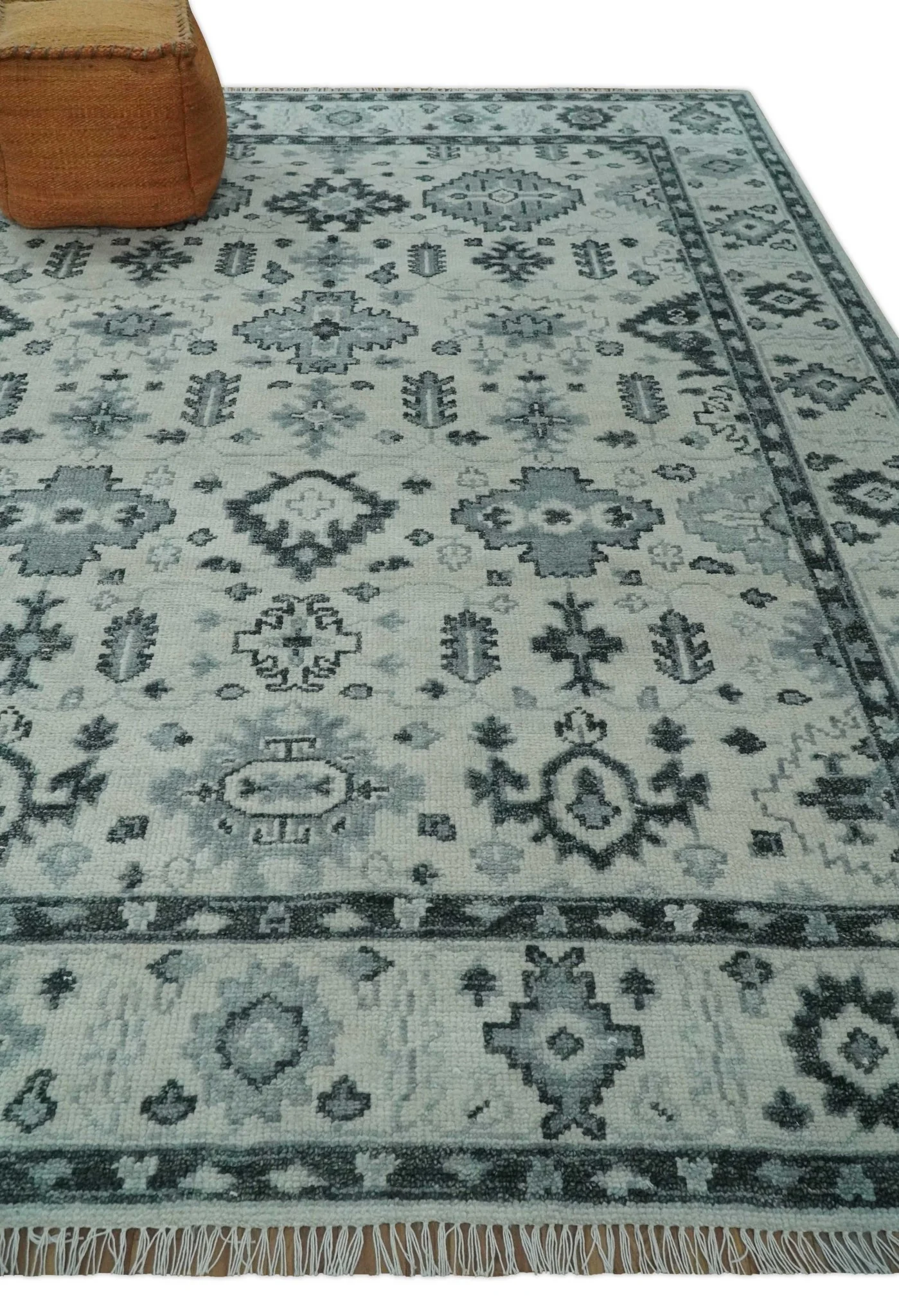 Hand Knotted Multi size Ivory, Silver and Charcoal Antique Turkish  Oushak Wool Area Rug - Image 3