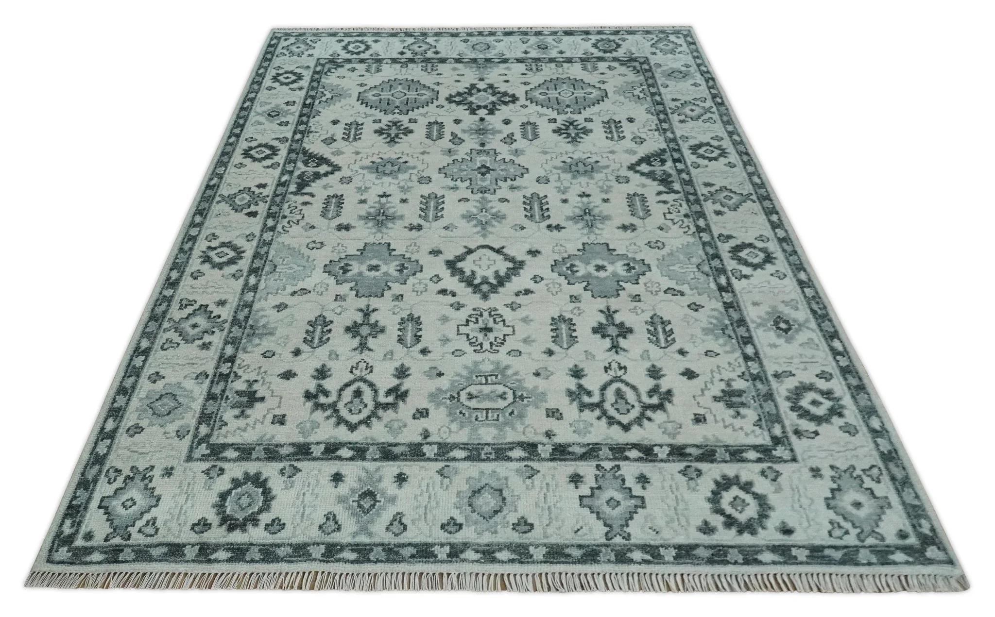 Hand Knotted Multi size Ivory, Silver and Charcoal Antique Turkish  Oushak Wool Area Rug - Image 9