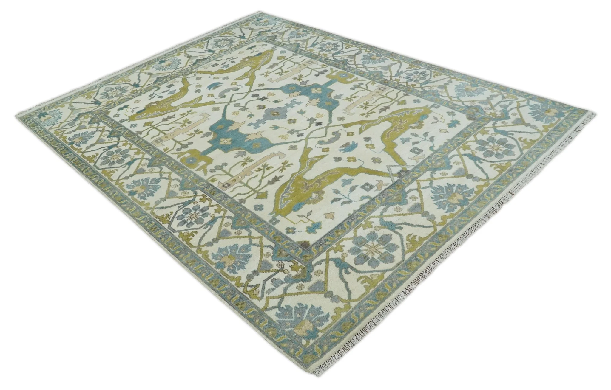 Hand Knotted Ivory, Teal and Olive Oriental Oushak 9x12 Wool Area Rug - Image 10