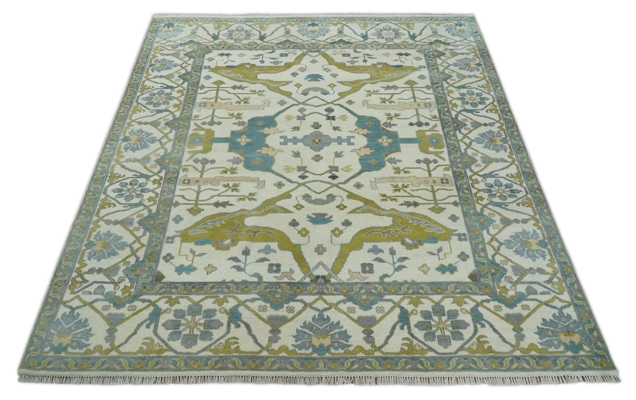 Hand Knotted Ivory, Teal and Olive Oriental Oushak 9x12 Wool Area Rug - Image 11