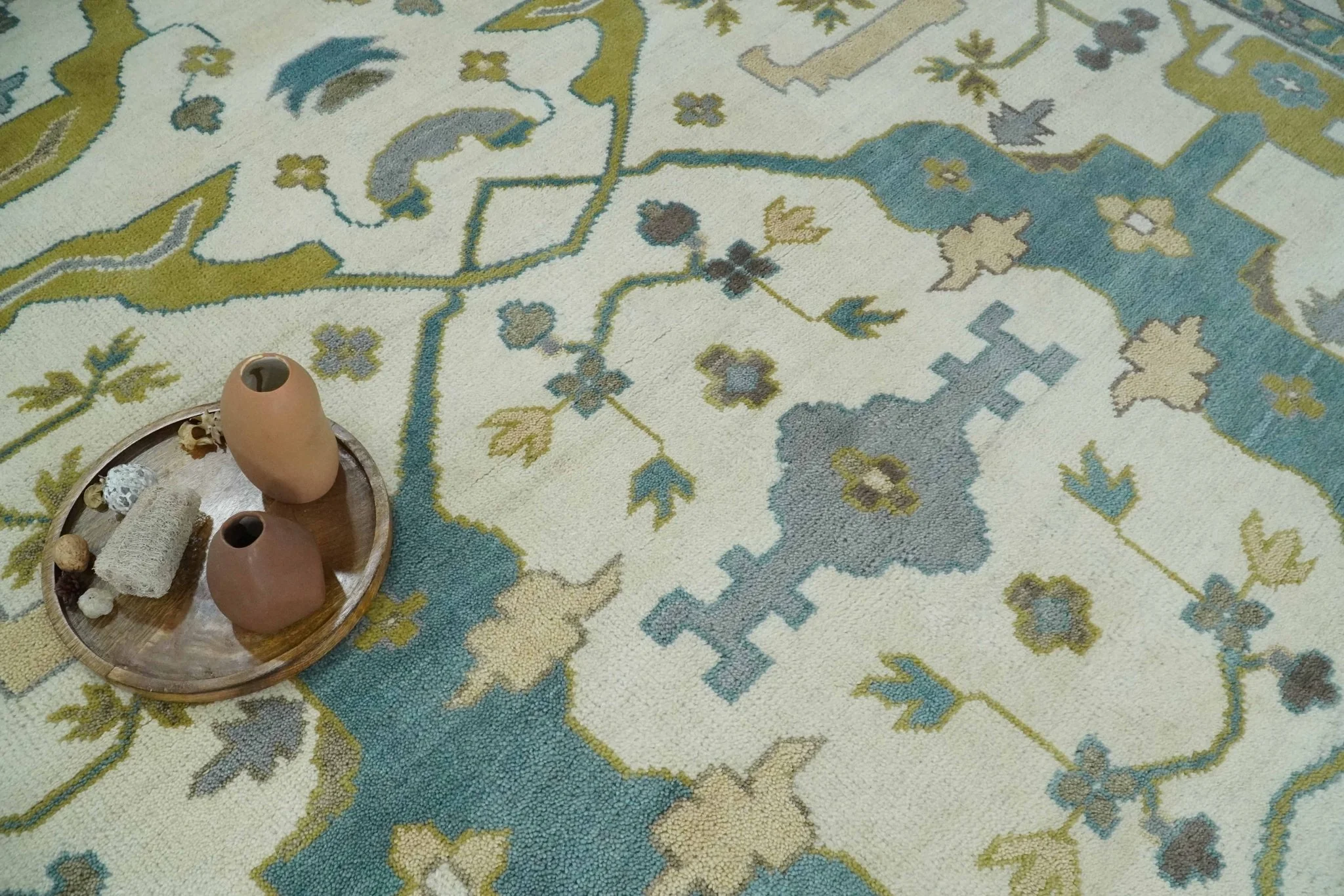 Hand Knotted Ivory, Teal and Olive Oriental Oushak 9x12 Wool Area Rug - Image 2