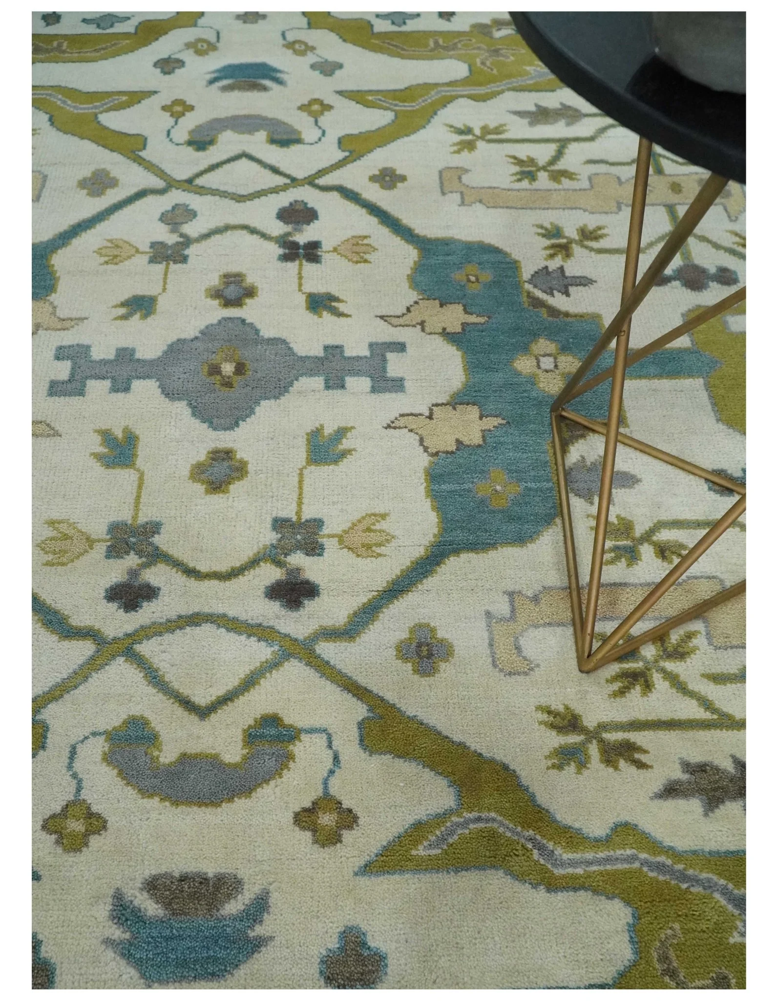 Hand Knotted Ivory, Teal and Olive Oriental Oushak 9x12 Wool Area Rug - Image 3