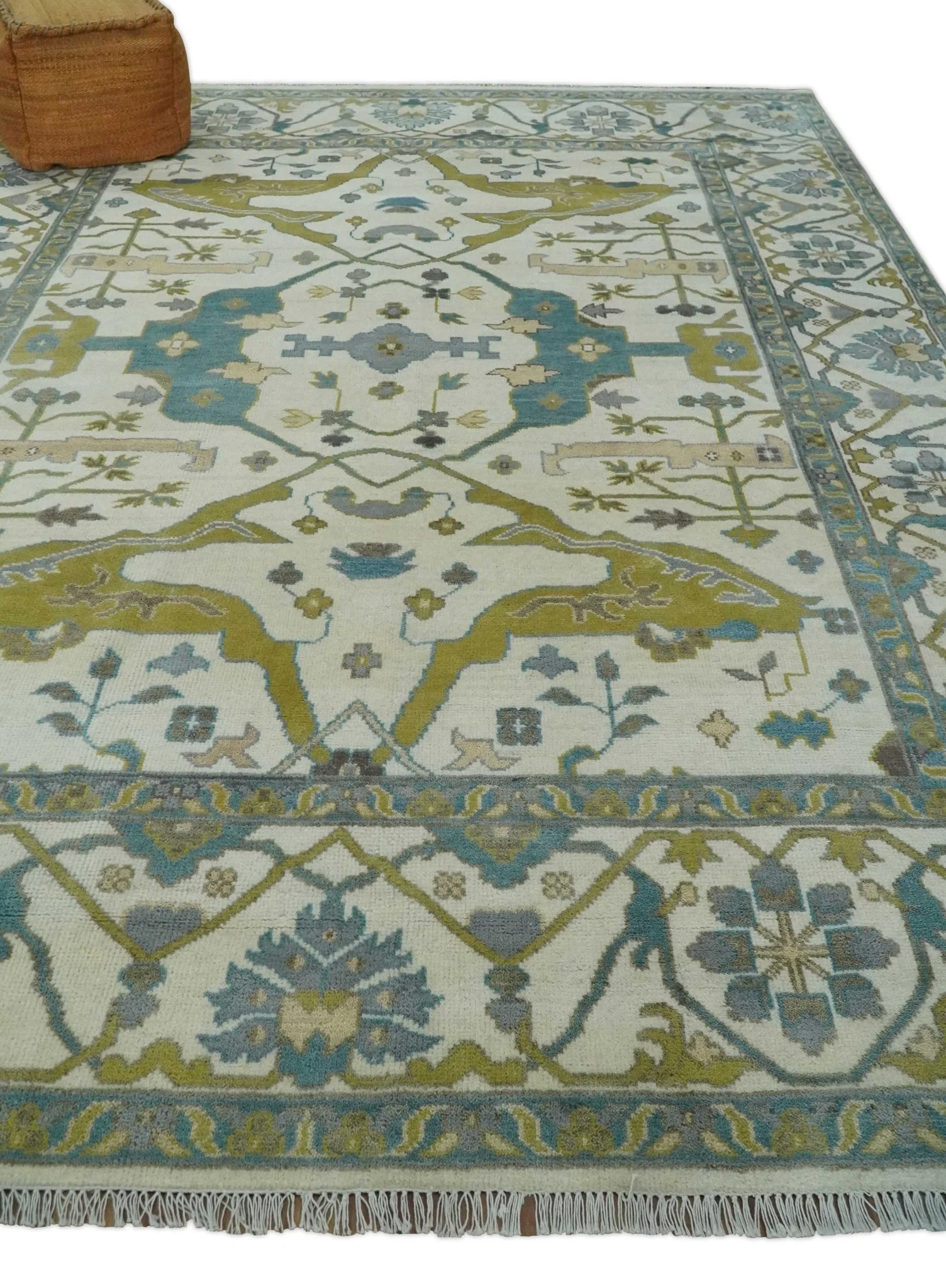 Hand Knotted Ivory, Teal and Olive Oriental Oushak 9x12 Wool Area Rug - Image 4