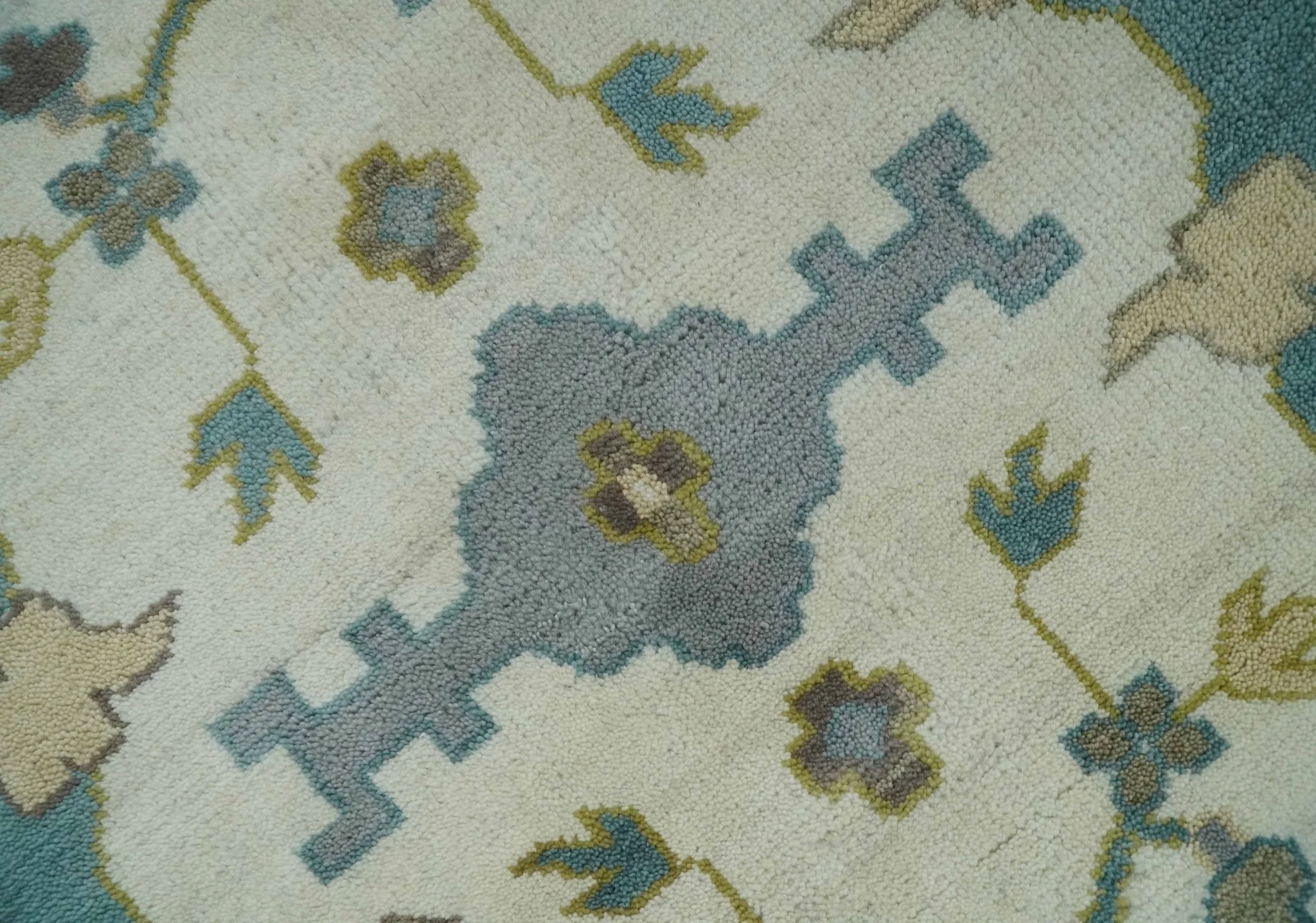 Hand Knotted Ivory, Teal and Olive Oriental Oushak 9x12 Wool Area Rug - Image 5