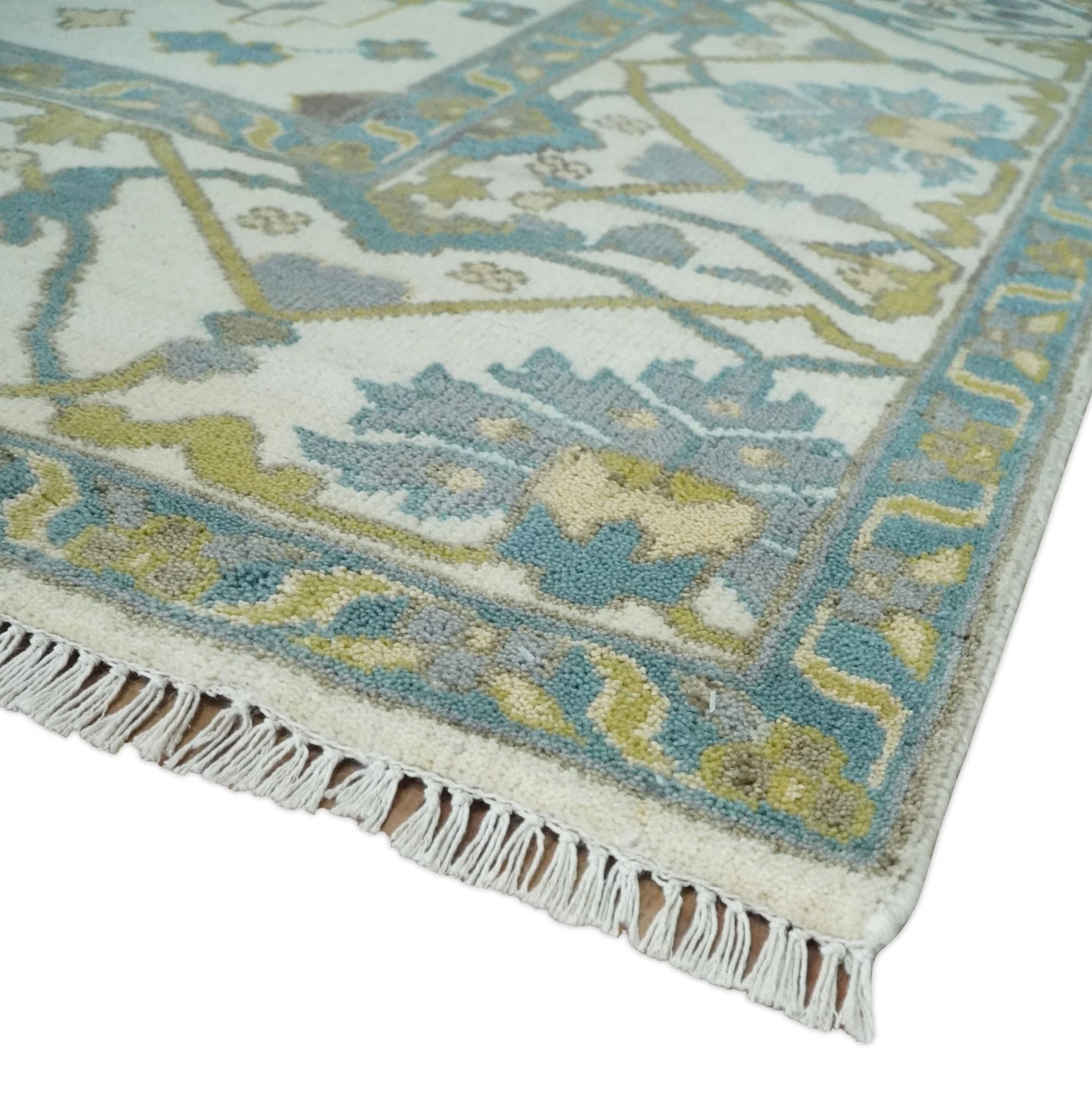 Hand Knotted Ivory, Teal and Olive Oriental Oushak 9x12 Wool Area Rug - Image 6
