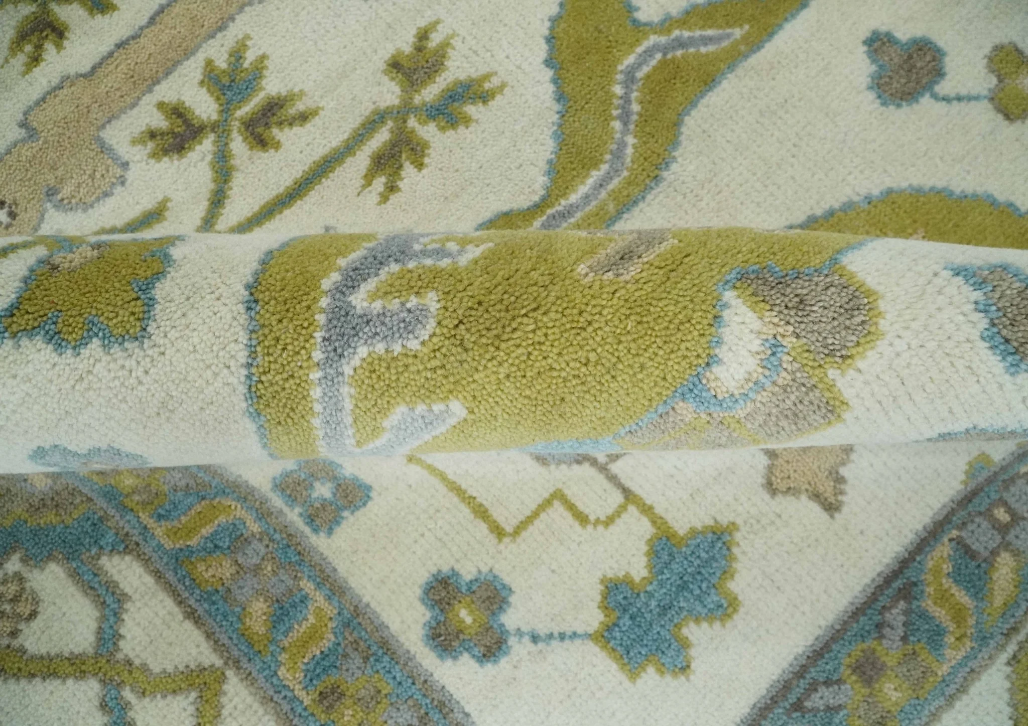 Hand Knotted Ivory, Teal and Olive Oriental Oushak 9x12 Wool Area Rug - Image 7