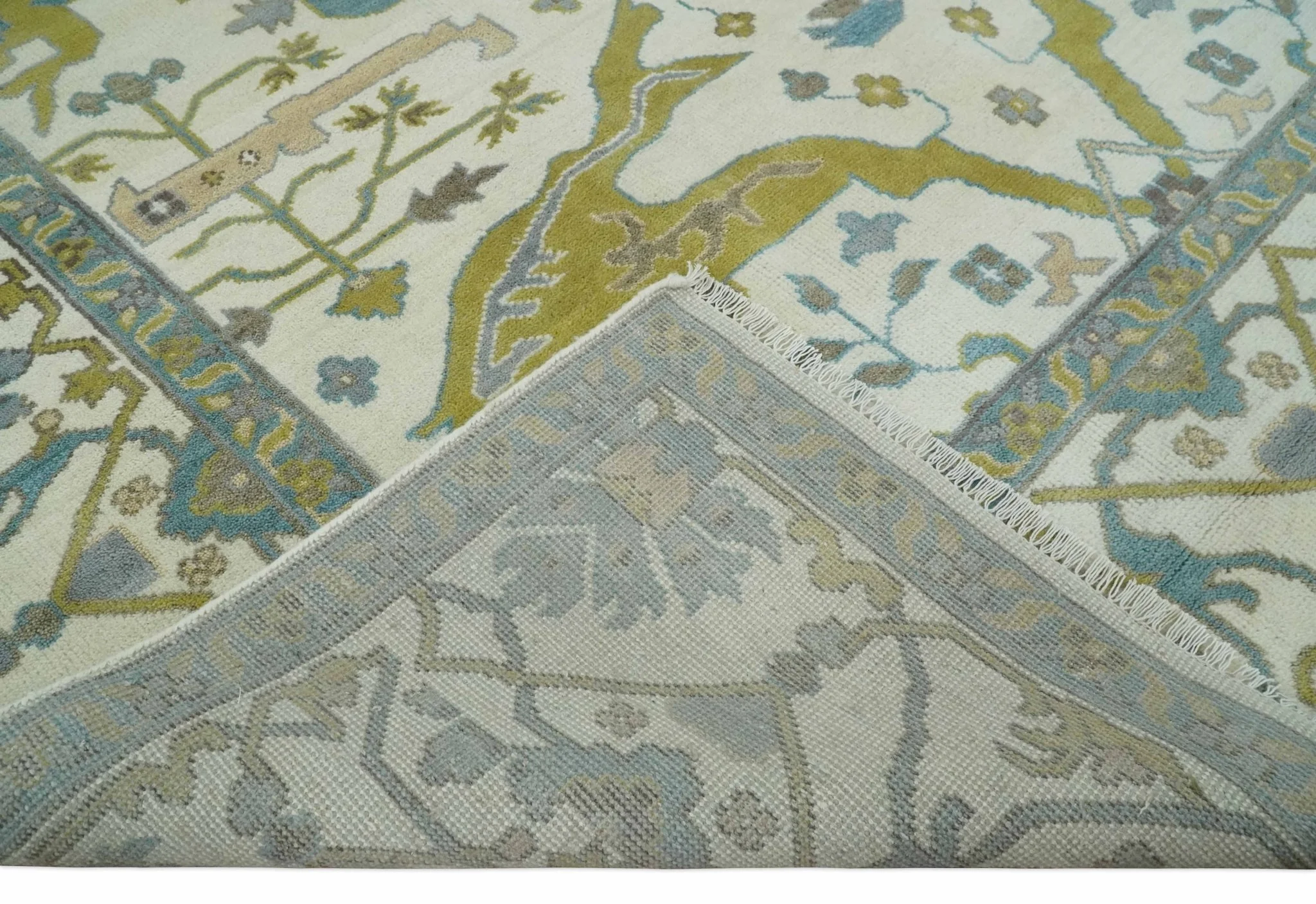 Hand Knotted Ivory, Teal and Olive Oriental Oushak 9x12 Wool Area Rug - Image 8