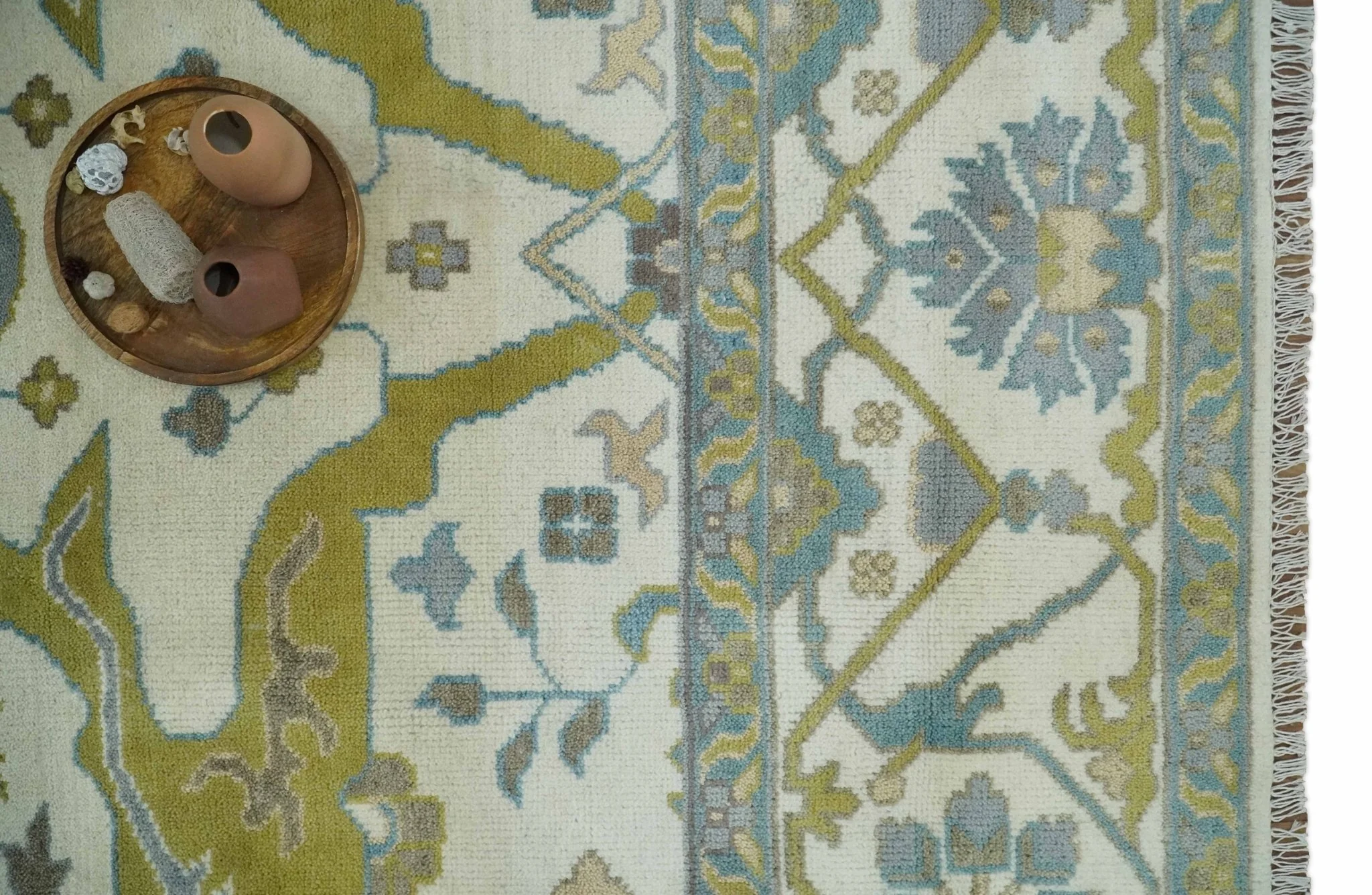Hand Knotted Ivory, Teal and Olive Oriental Oushak 9x12 Wool Area Rug - Image 9