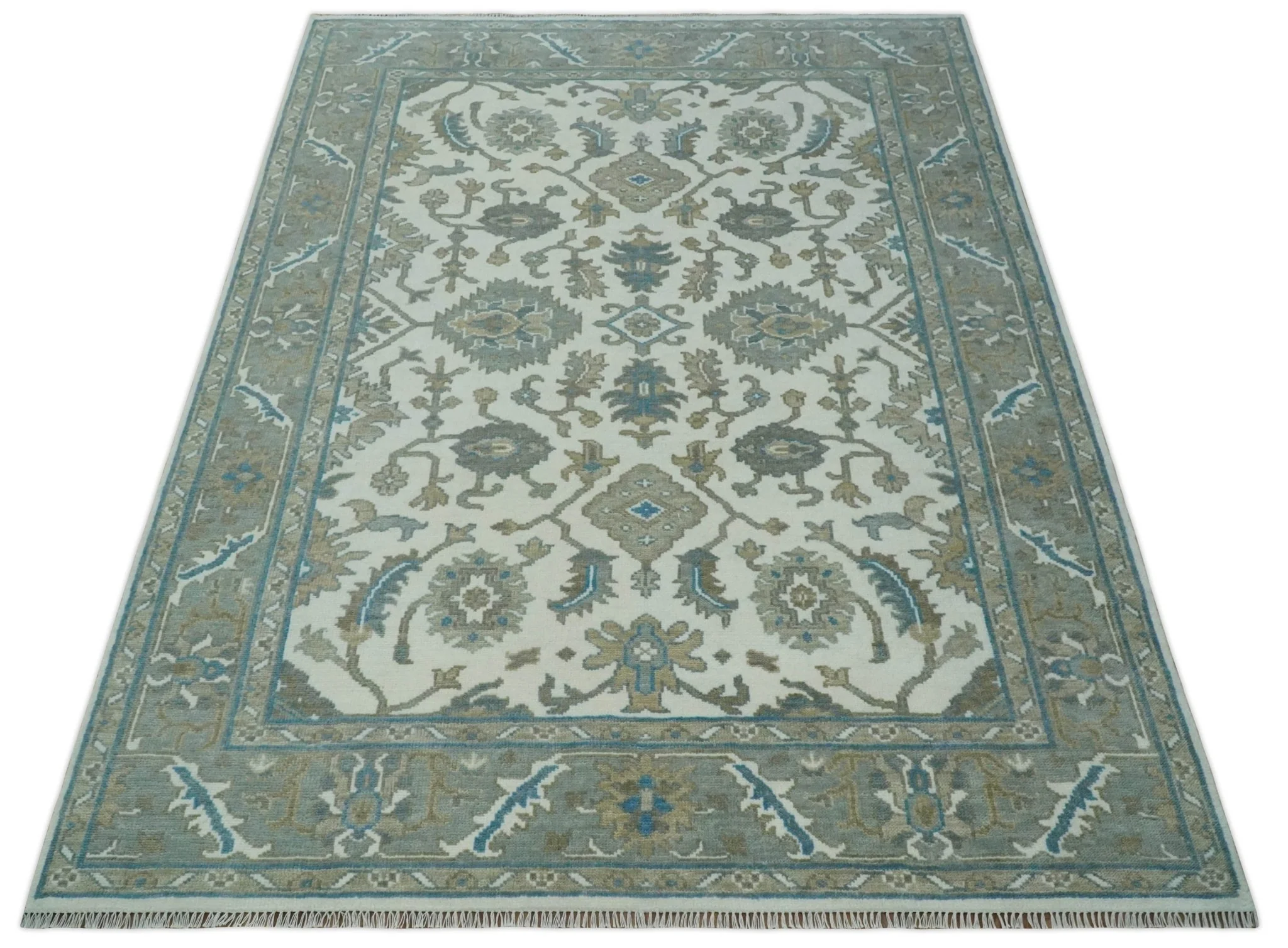 Hand Knotted Ivory, Teal and Silver 9x12 Traditional Oushak Wool Area Rug - Image 10