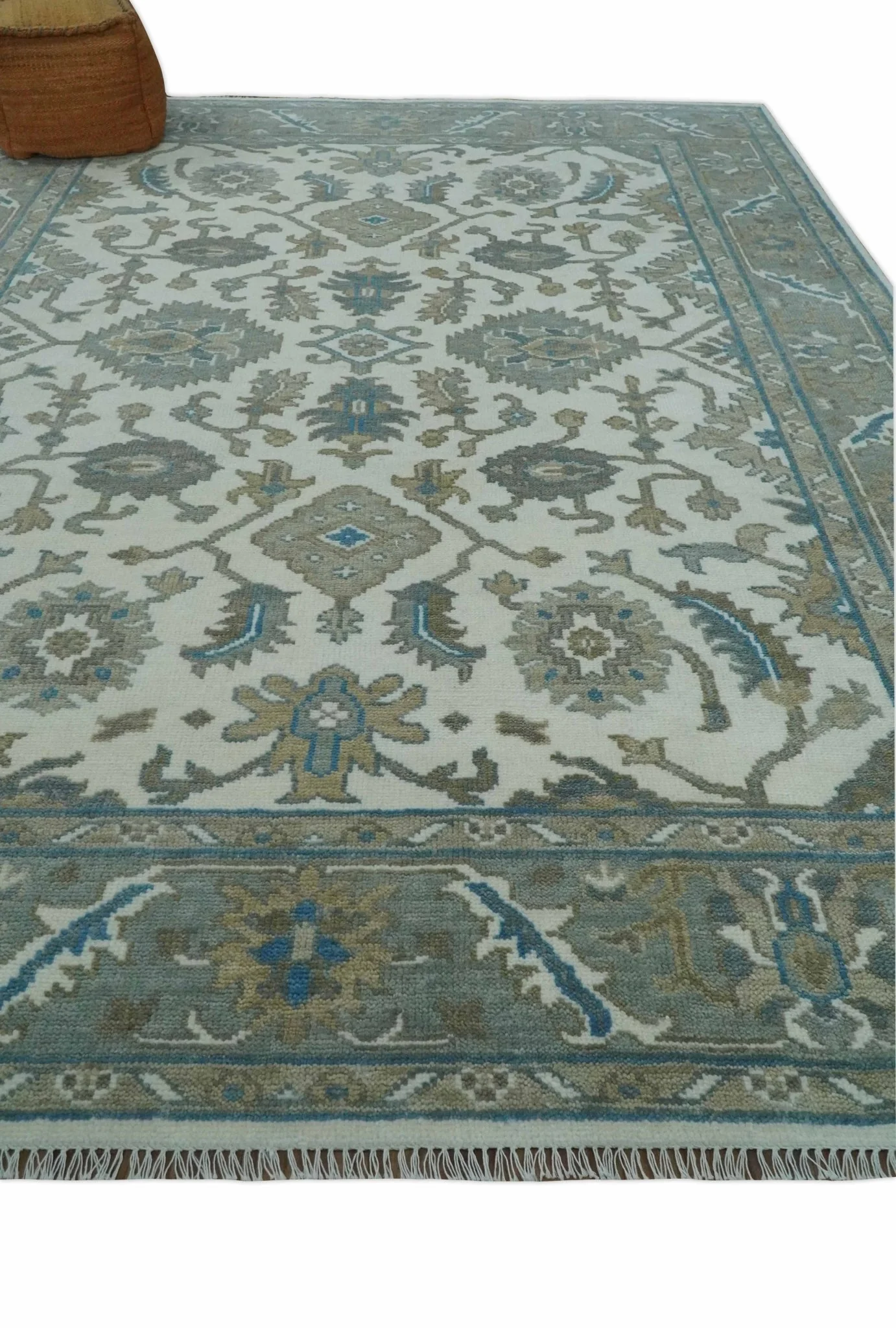 Hand Knotted Ivory, Teal and Silver 9x12 Traditional Oushak Wool Area Rug - Image 3