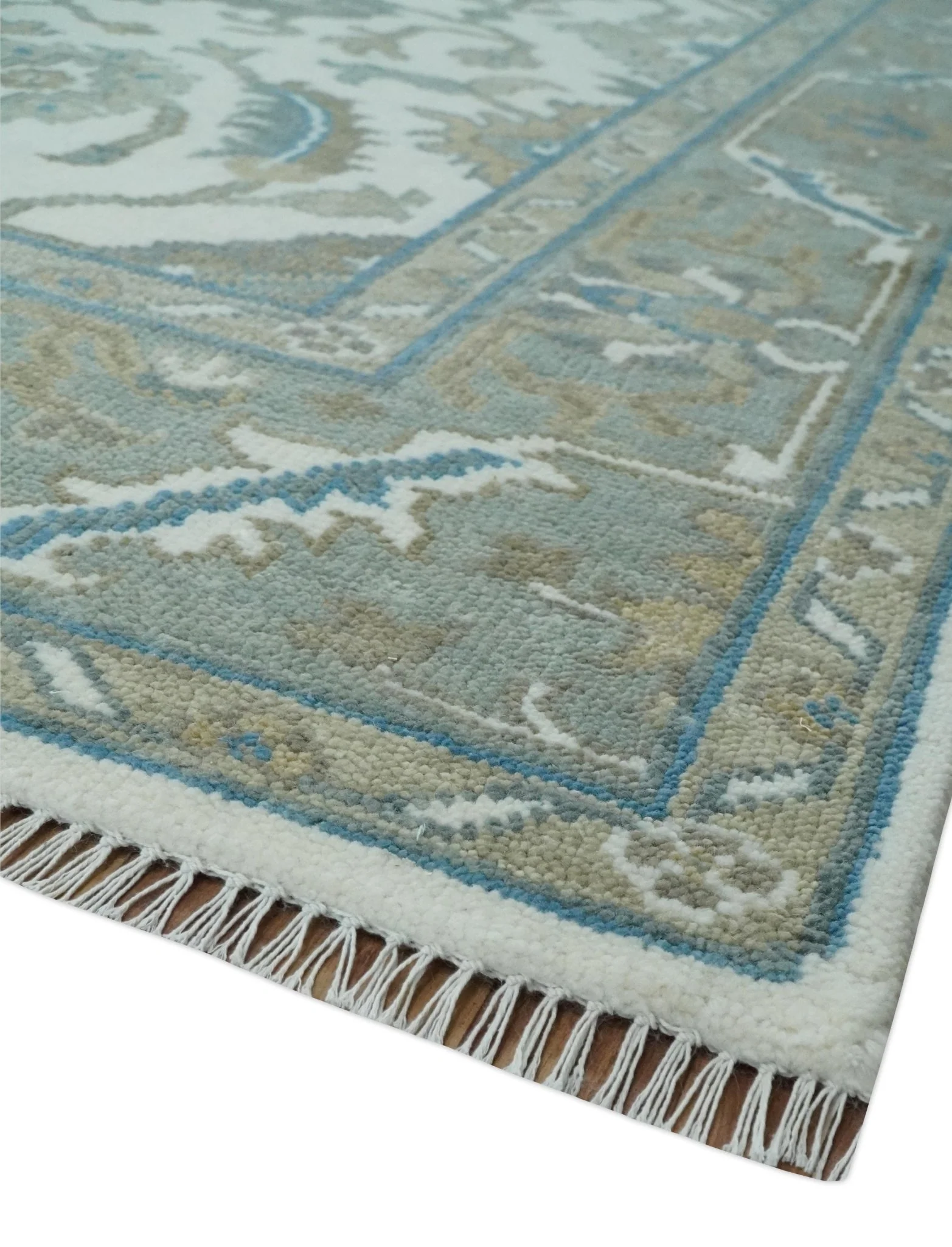 Hand Knotted Ivory, Teal and Silver 9x12 Traditional Oushak Wool Area Rug - Image 5