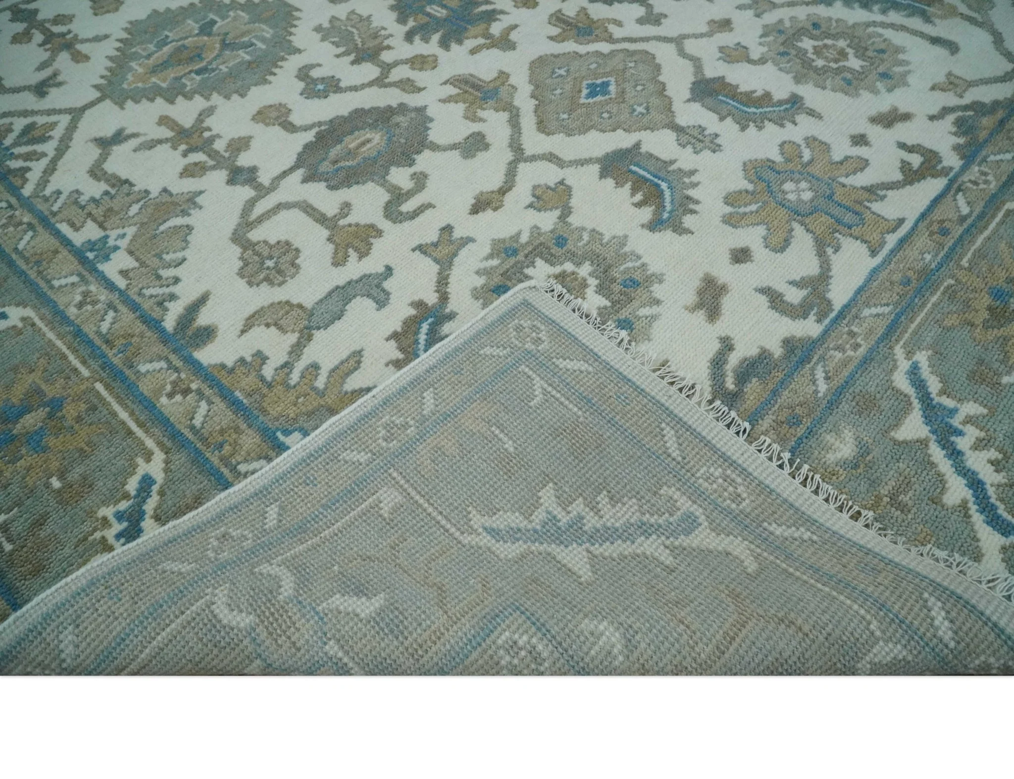 Hand Knotted Ivory, Teal and Silver 9x12 Traditional Oushak Wool Area Rug - Image 7