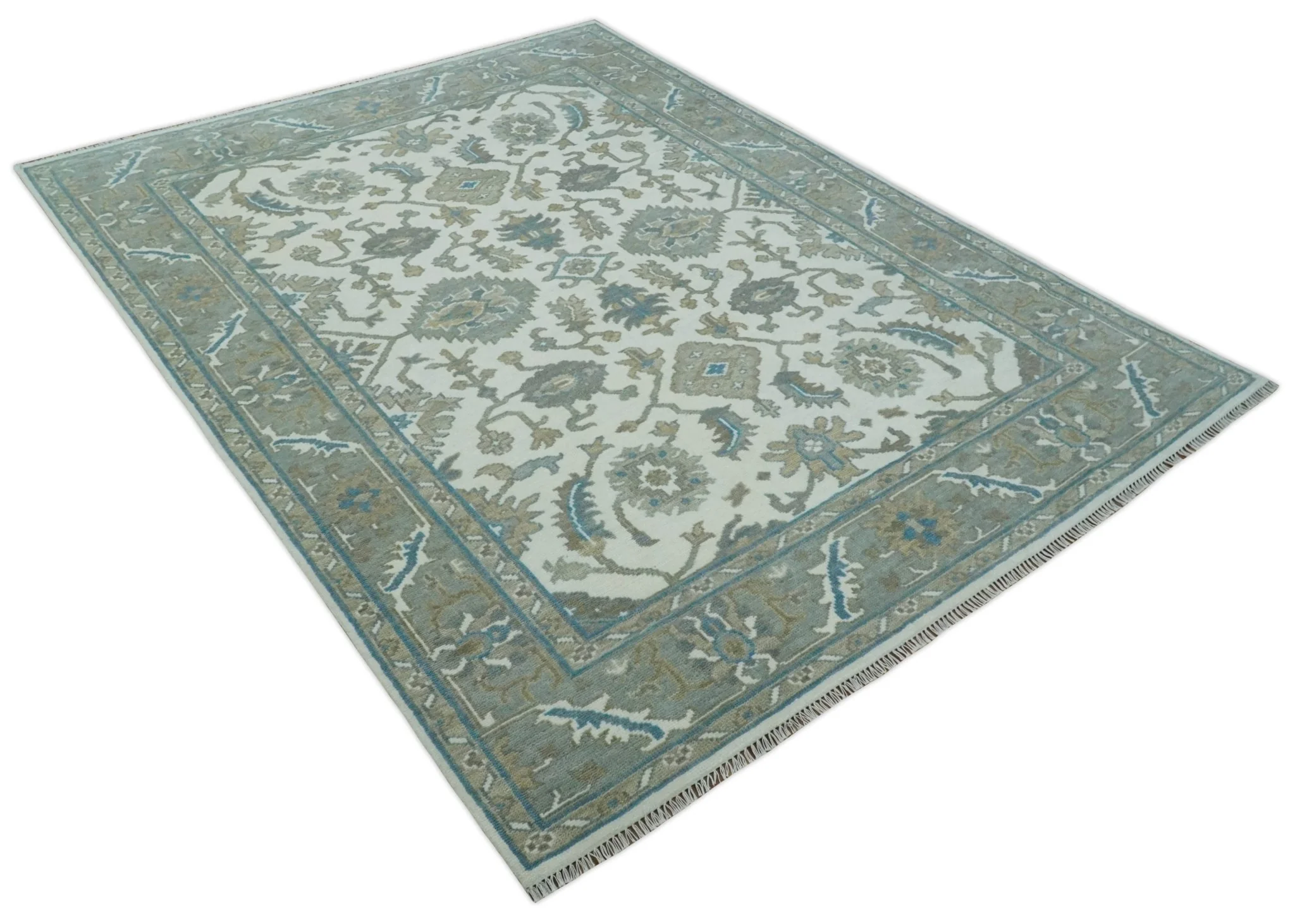 Hand Knotted Ivory, Teal and Silver 9x12 Traditional Oushak Wool Area Rug - Image 9