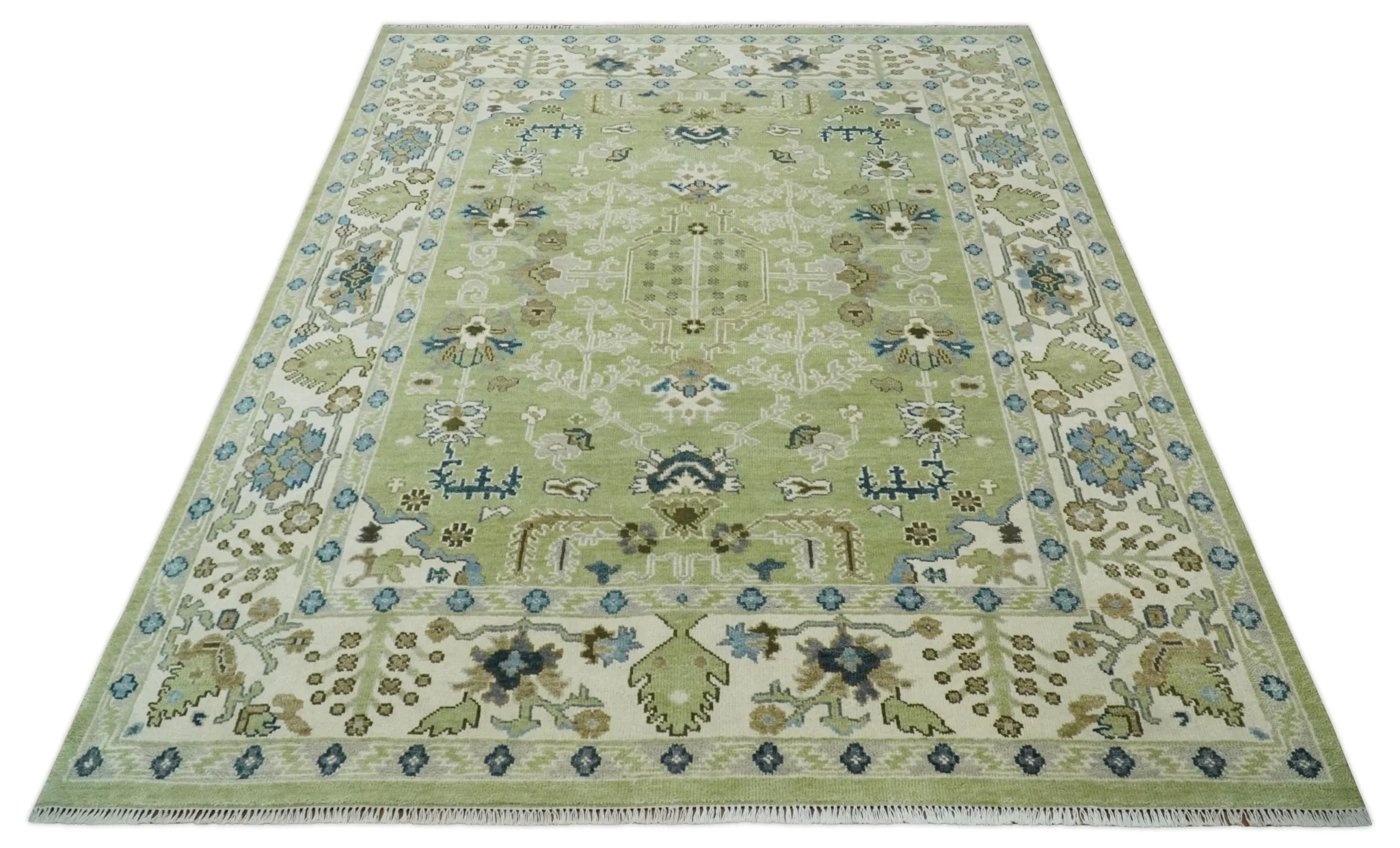 Hand Knotted 8x10 and 10x14 Light Green, Ivory and Silver Traditional Turkish Antique Style Wool Area Rug - Image 10