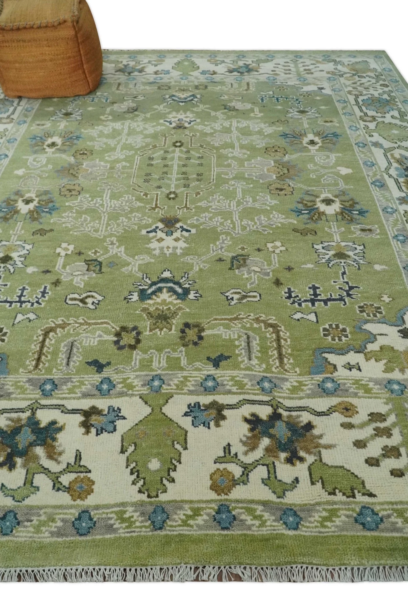 Hand Knotted 8x10 and 10x14 Light Green, Ivory and Silver Traditional Turkish Antique Style Wool Area Rug - Image 3