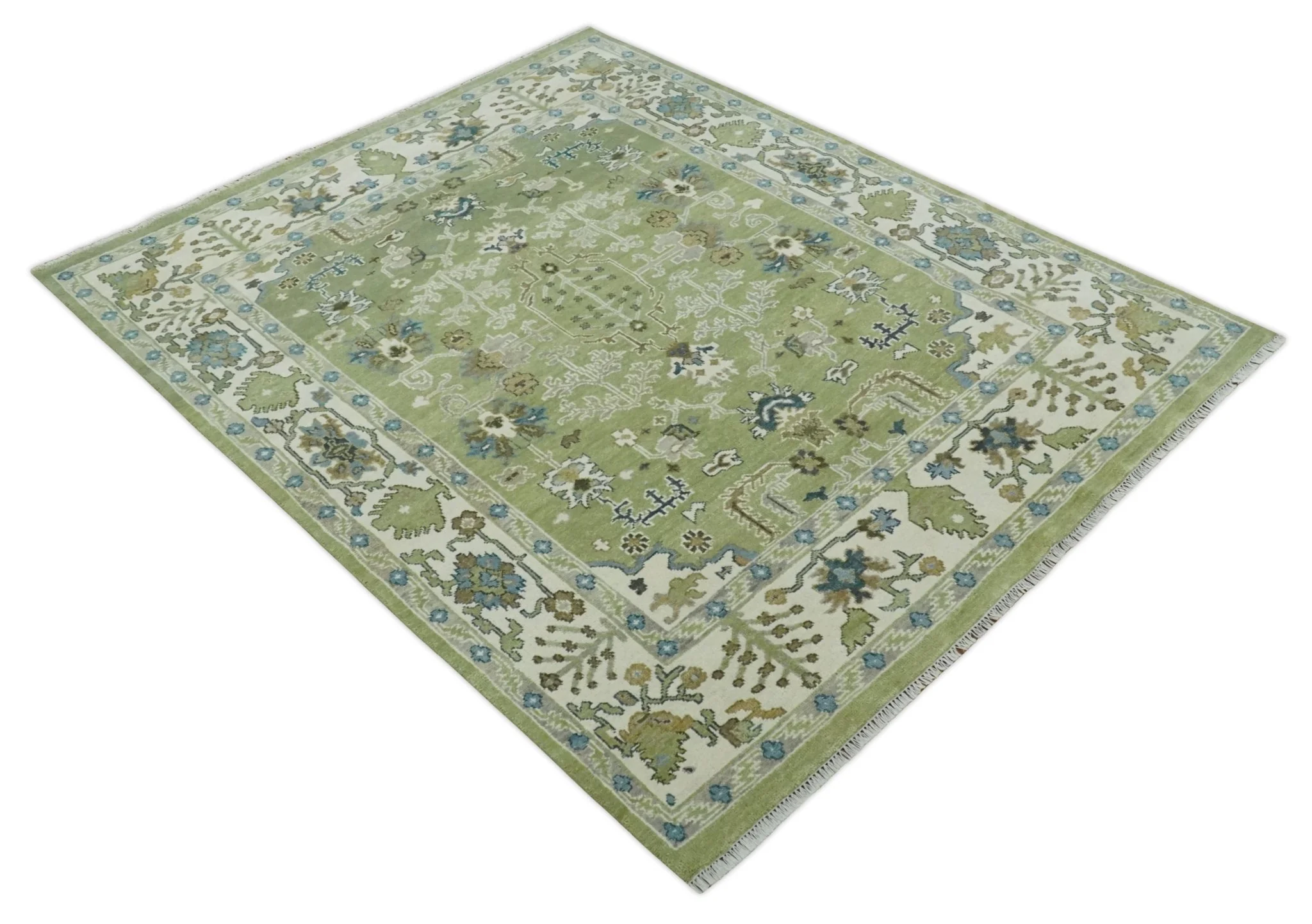 Hand Knotted 8x10 and 10x14 Light Green, Ivory and Silver Traditional Turkish Antique Style Wool Area Rug - Image 9