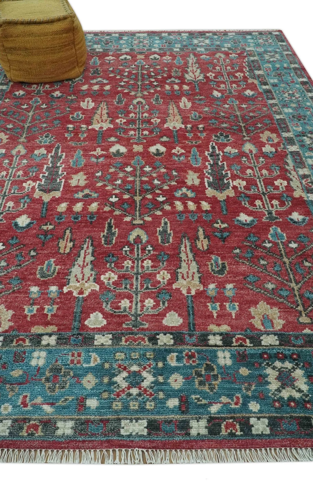 Custom Made Tree of Life Hand Knotted Maroon and Blue Traditional Wool area Rug - Image 3