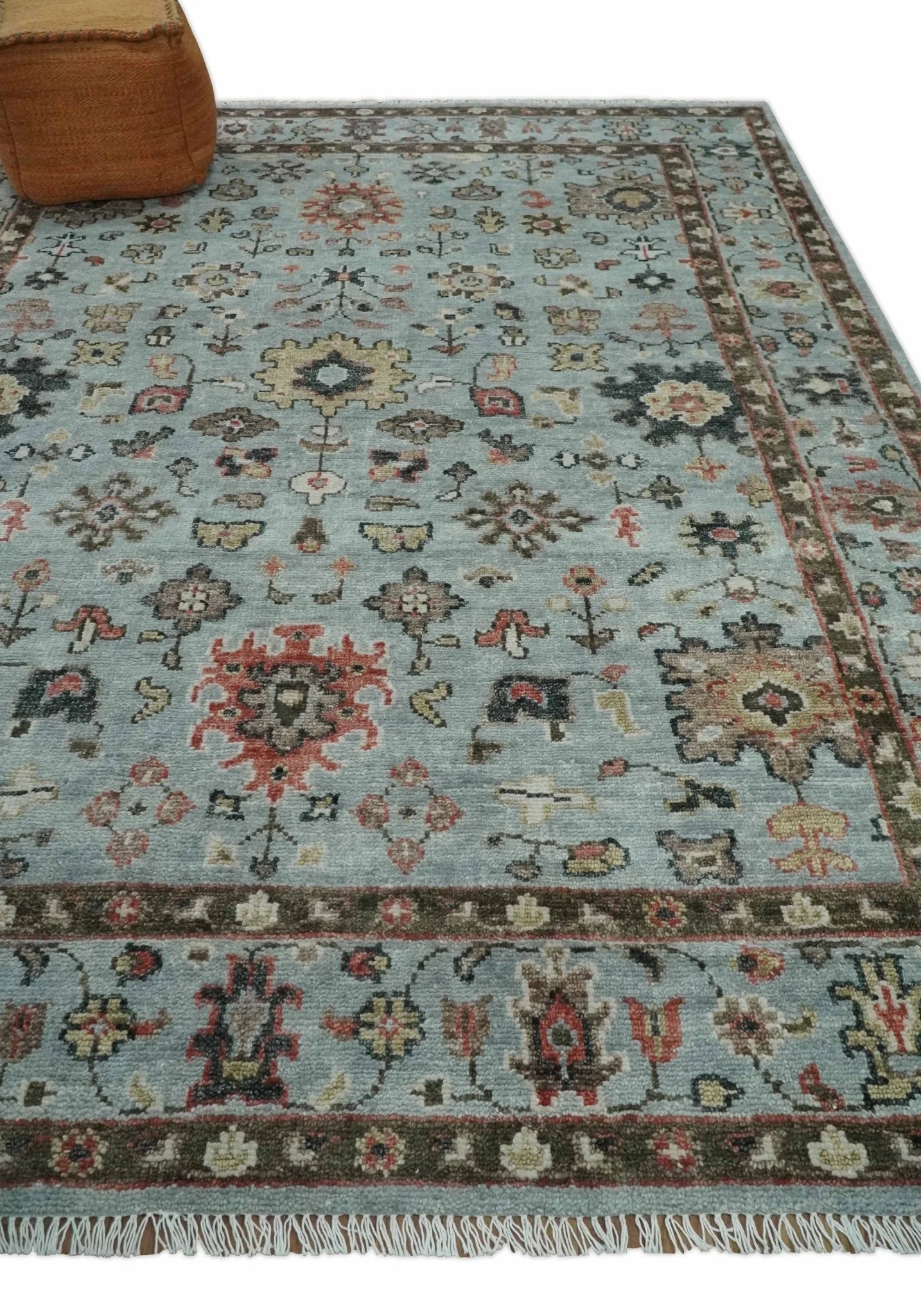 Made to Order Wool Traditional Silver and Olive  Hand knotted Oushak Area Rug - Image 3