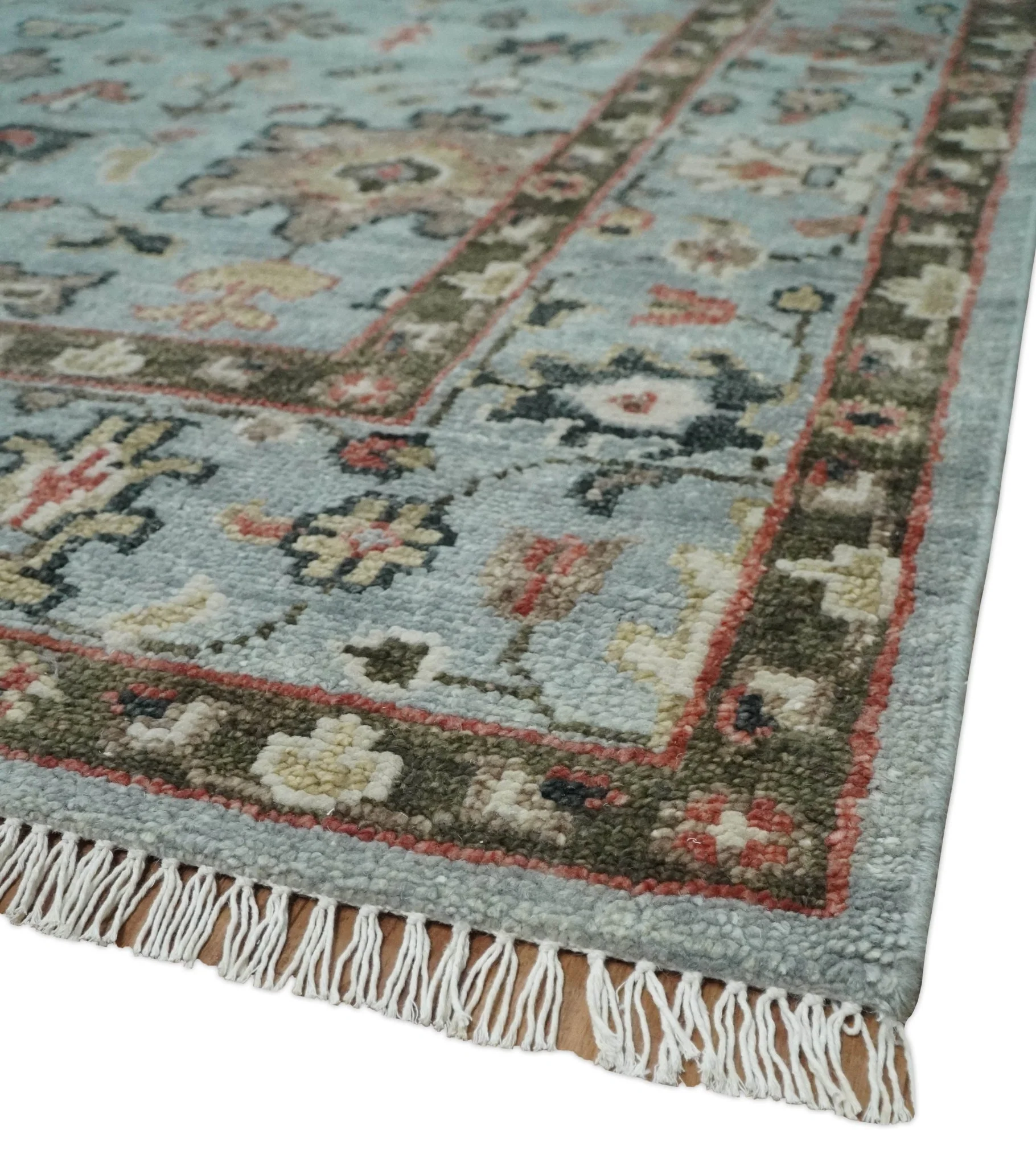 Made to Order Wool Traditional Silver and Olive  Hand knotted Oushak Area Rug - Image 5
