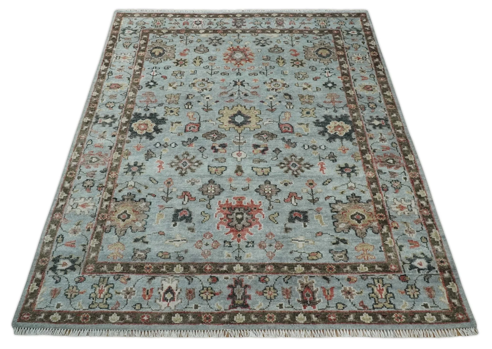Made to Order Wool Traditional Silver and Olive  Hand knotted Oushak Area Rug - Image 9
