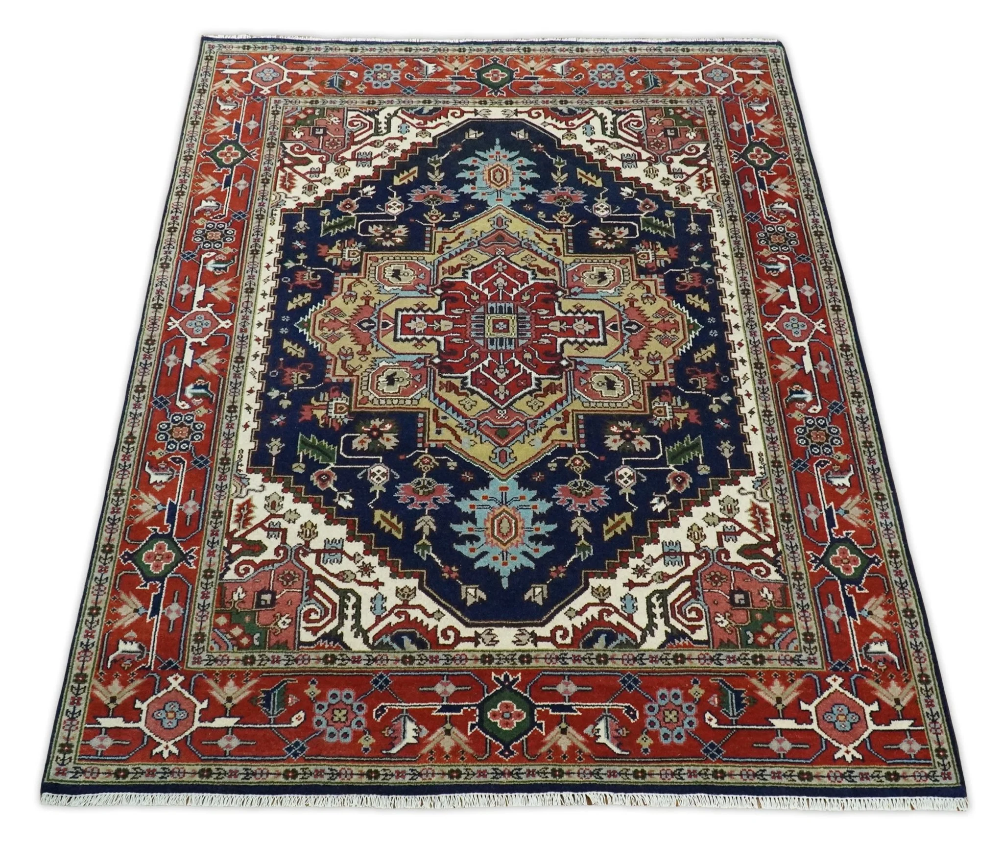 Custom Made Hand Knotted Multi Size Large Olive, Blue, Ivory and Rust Traditional Wool Rug - Image 10