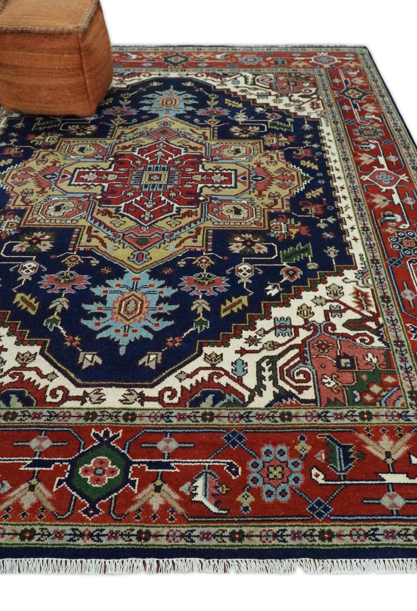Custom Made Hand Knotted Multi Size Large Olive, Blue, Ivory and Rust Traditional Wool Rug - Image 3