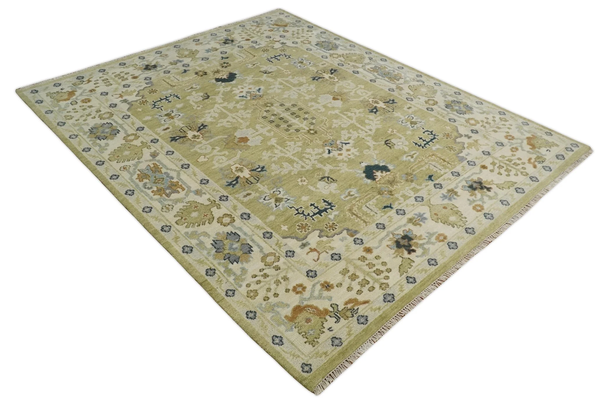 Hand Knotted Custom Made Olive, Silver and Beige Traditional Wool Rug - Image 11