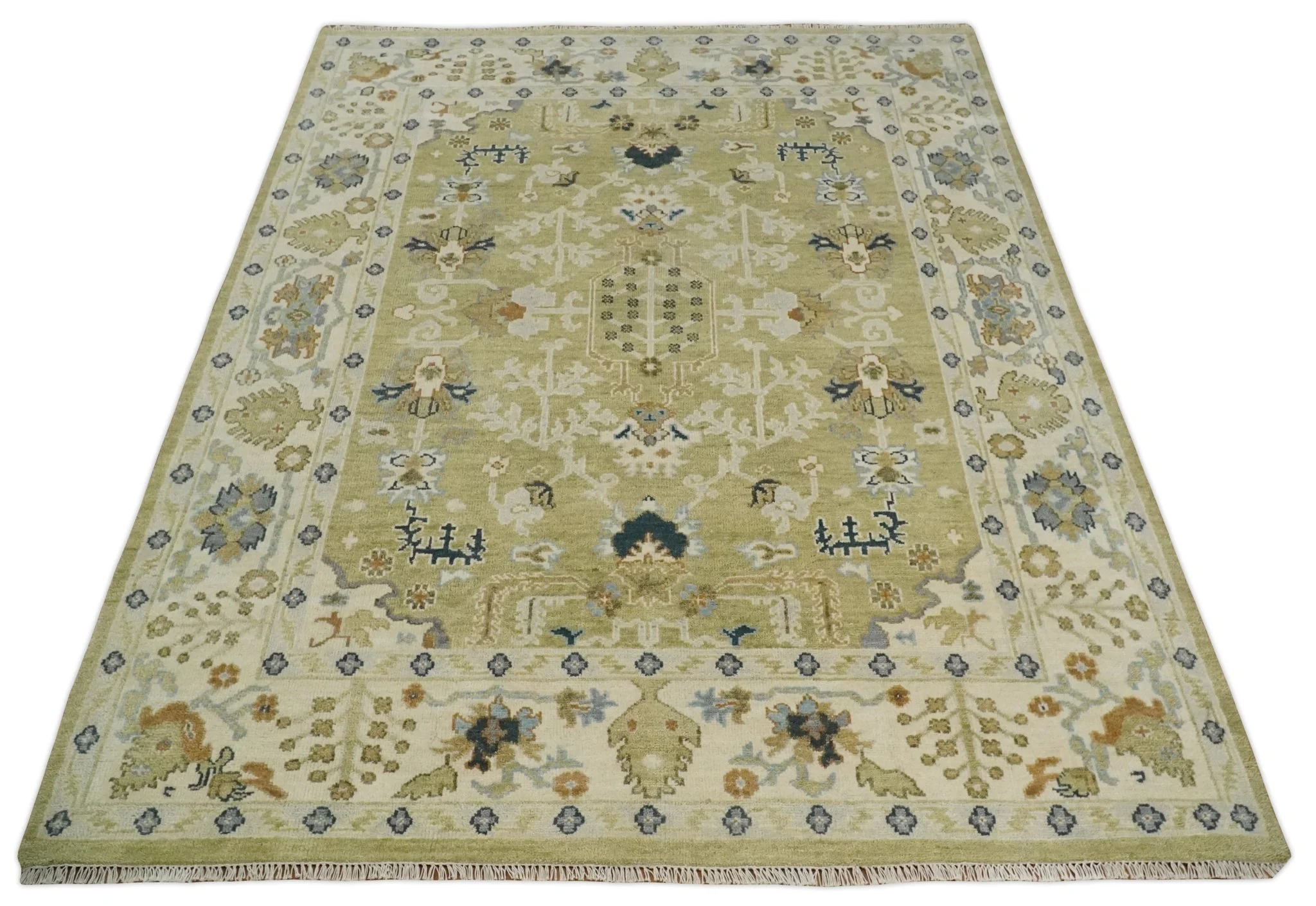 Hand Knotted Custom Made Olive, Silver and Beige Traditional Wool Rug - Image 12