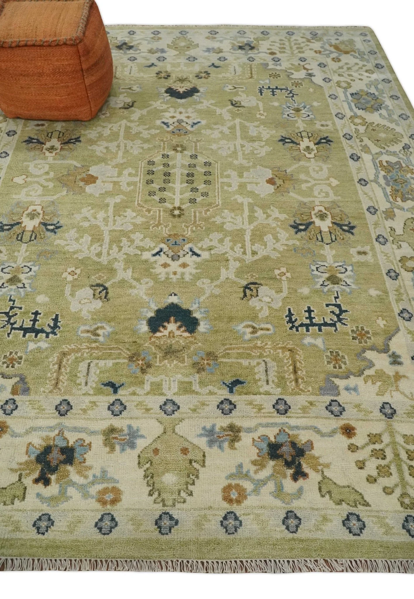 Hand Knotted Custom Made Olive, Silver and Beige Traditional Wool Rug - Image 3