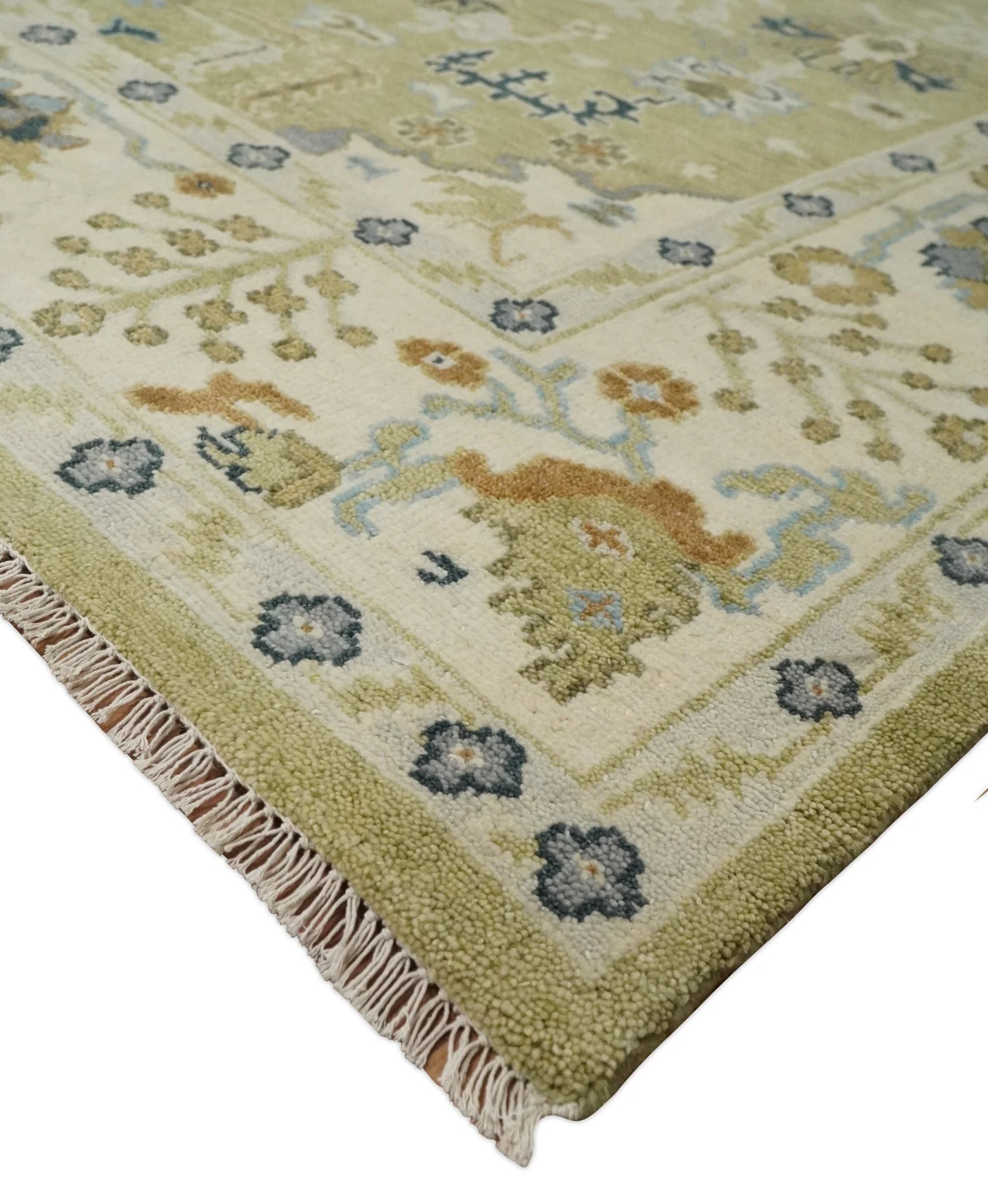 Hand Knotted Custom Made Olive, Silver and Beige Traditional Wool Rug - Image 5