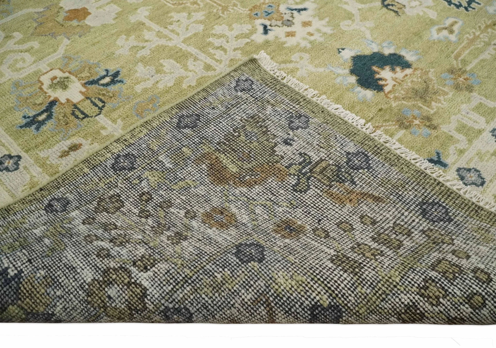 Hand Knotted Custom Made Olive, Silver and Beige Traditional Wool Rug - Image 8