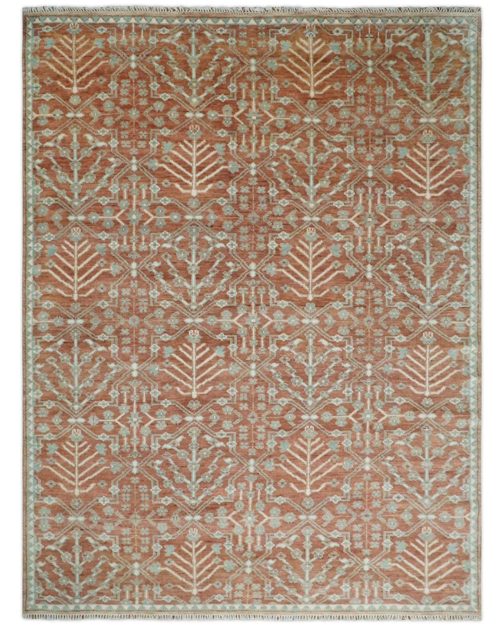 Hand knotted Multi Size Rust and Aqua Floral wool Area Rug - Image 11