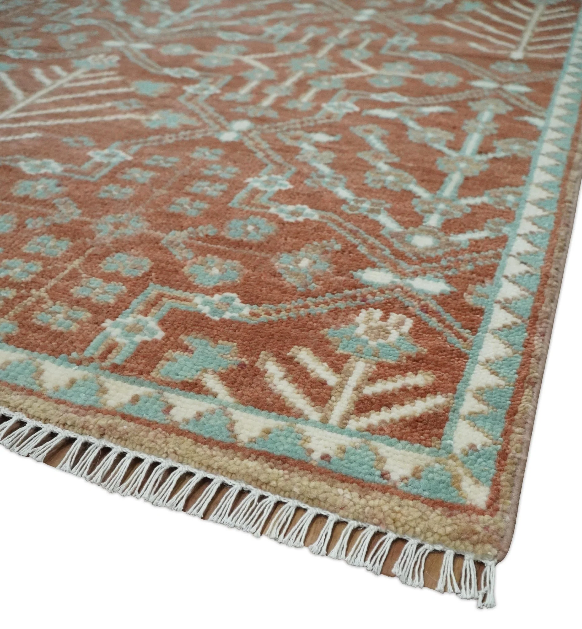 Hand knotted Multi Size Rust and Aqua Floral wool Area Rug - Image 5