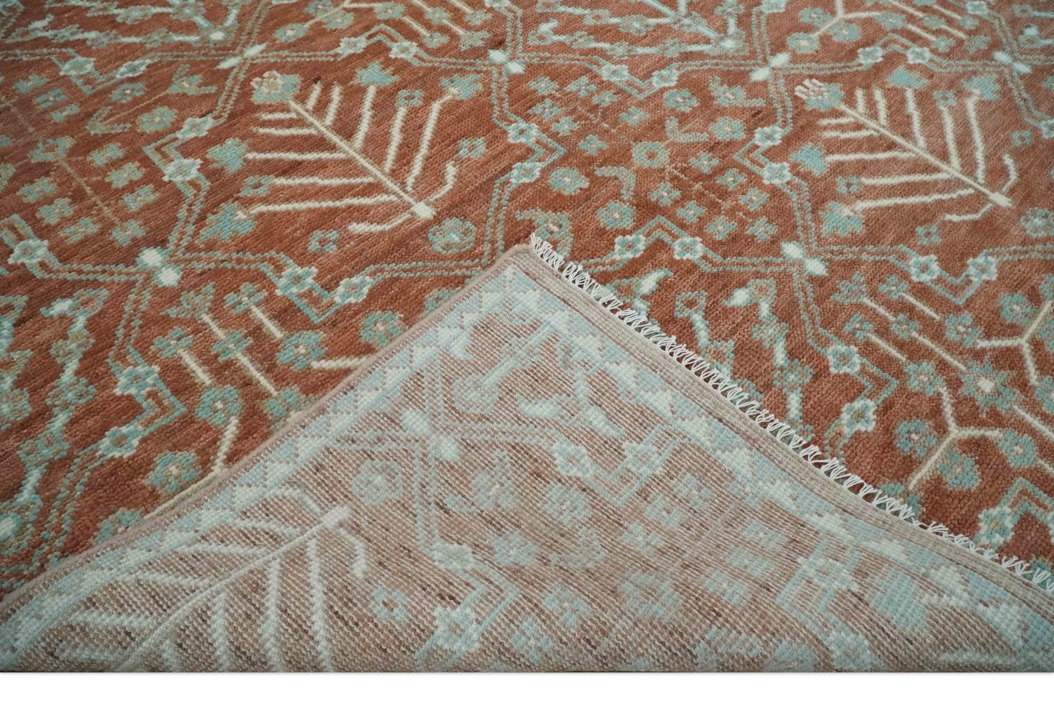 Hand knotted Multi Size Rust and Aqua Floral wool Area Rug - Image 7