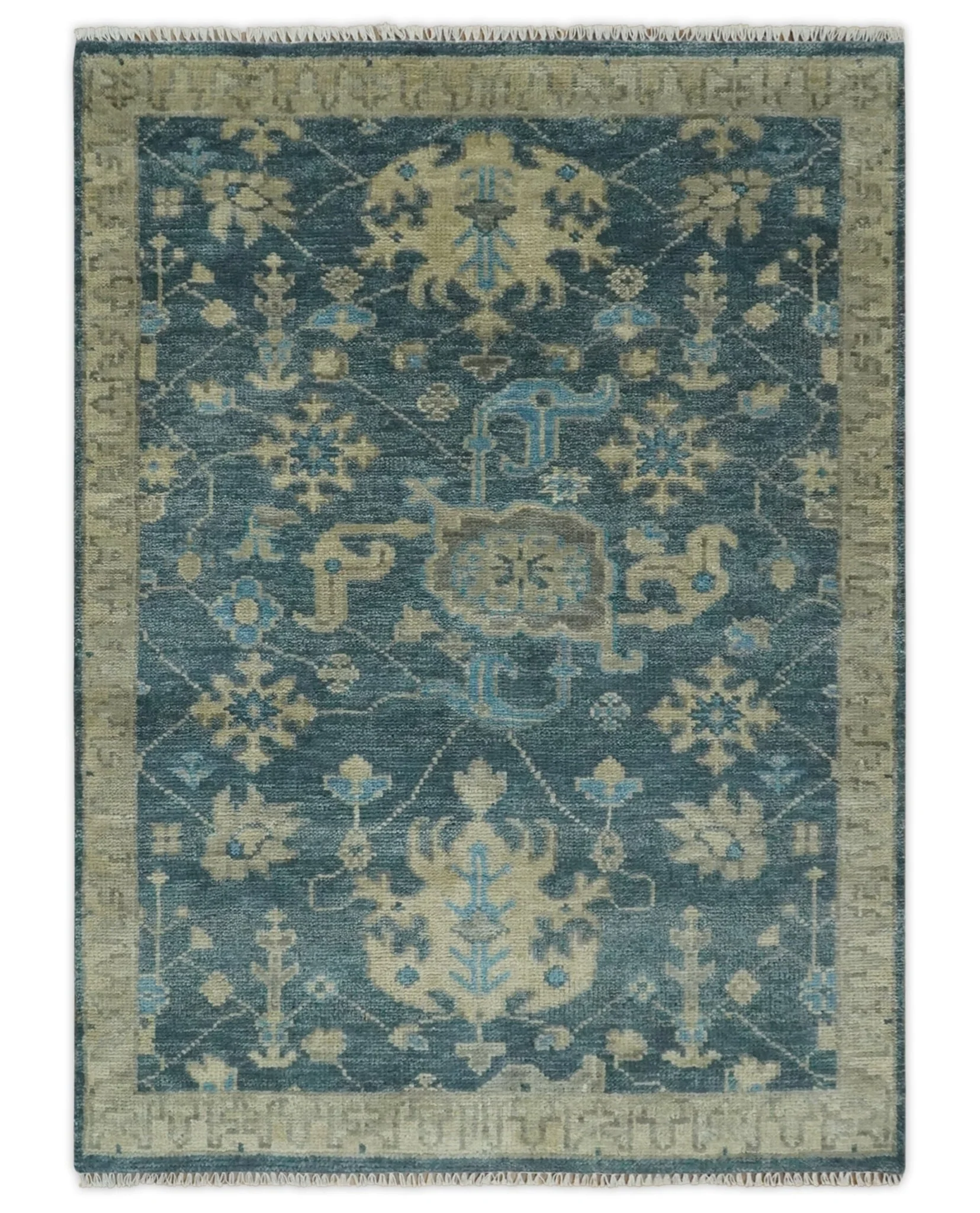 Ready to Ship Hand Knotted Oriental Turkish Oushak Blue and Camel Wool Area Rug - Image 18