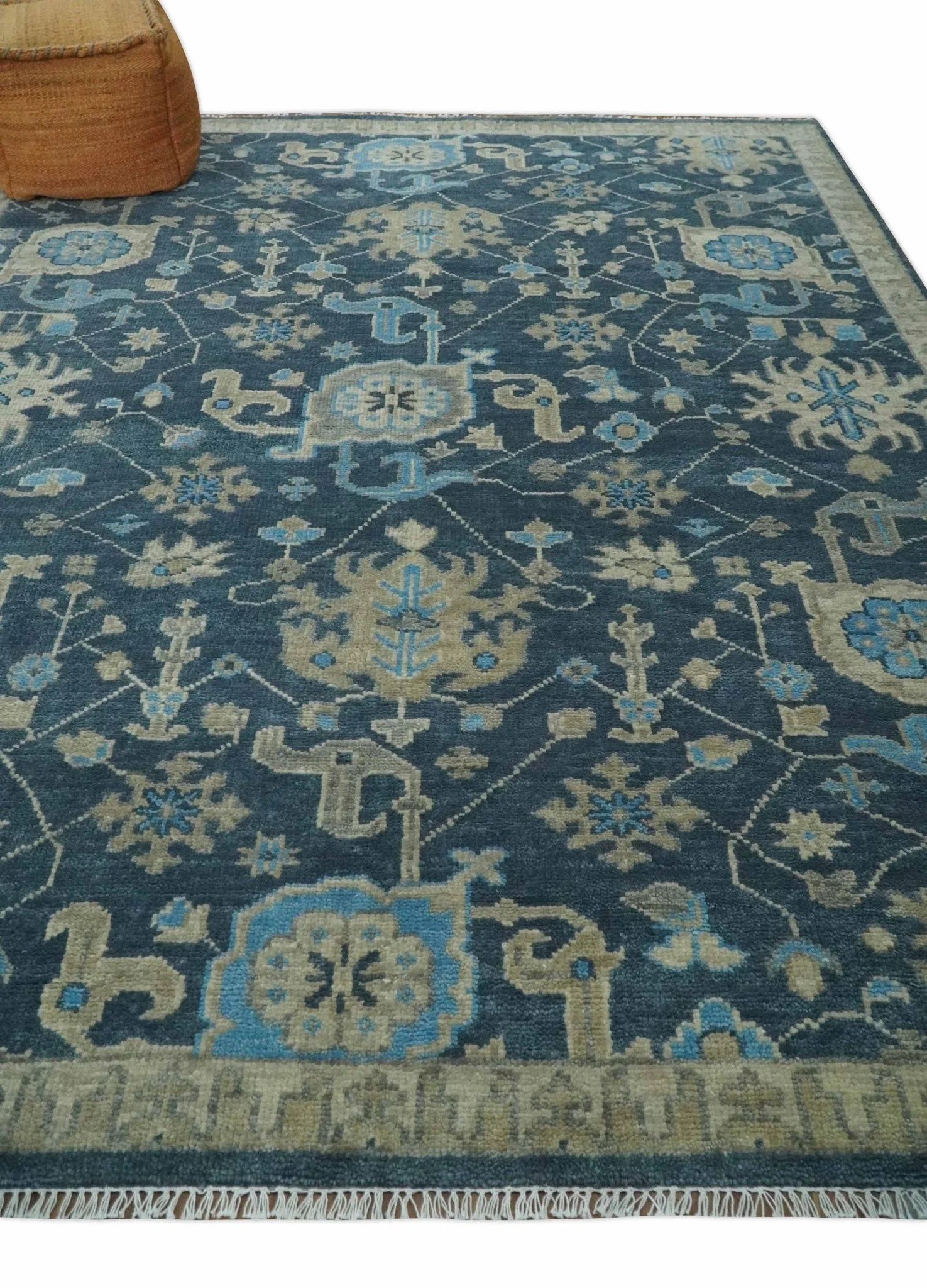 Ready to Ship Hand Knotted Oriental Turkish Oushak Blue and Camel Wool Area Rug - Image 3