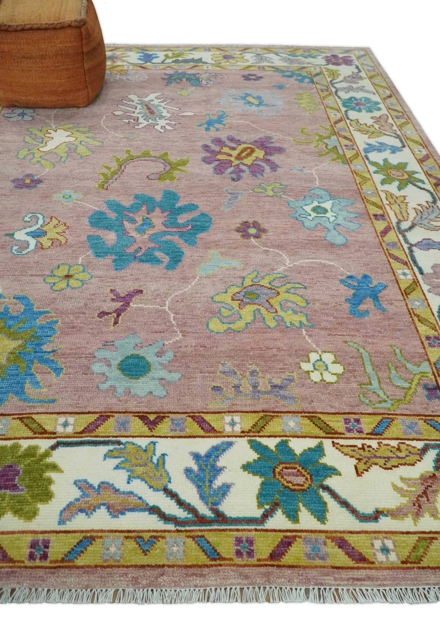 Custom Made Hand Knotted Pink and Ivory Colorful Oushak Rug - Image 10