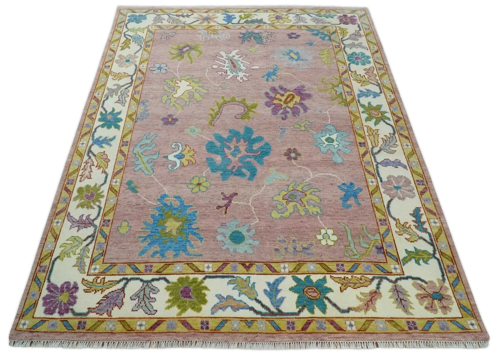 Custom Made Hand Knotted Pink and Ivory Colorful Oushak Rug - Image 2