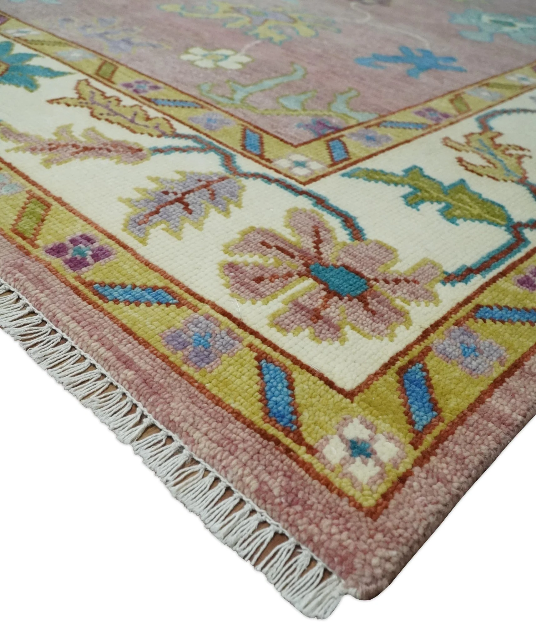 Custom Made Hand Knotted Pink and Ivory Colorful Oushak Rug - Image 4
