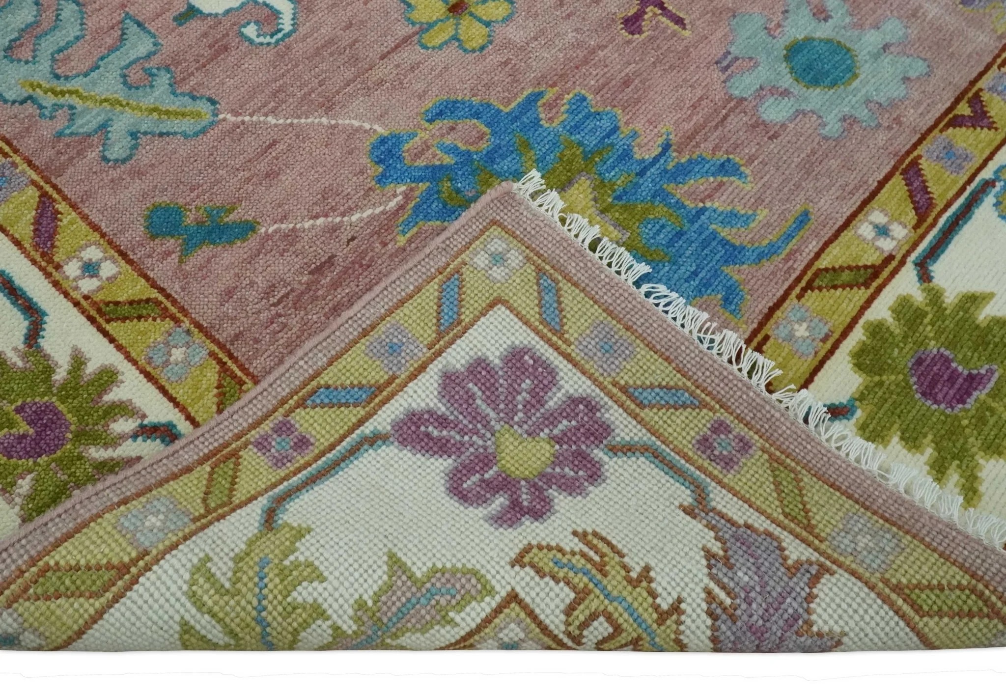 Custom Made Hand Knotted Pink and Ivory Colorful Oushak Rug - Image 7
