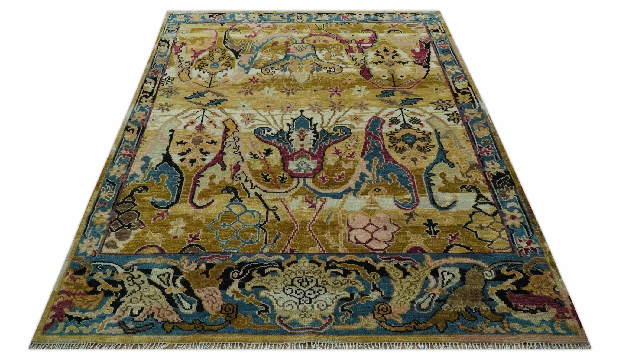 Custom Made Mustard and Teal transitional Dragon Oushak wool area rug - Image 10
