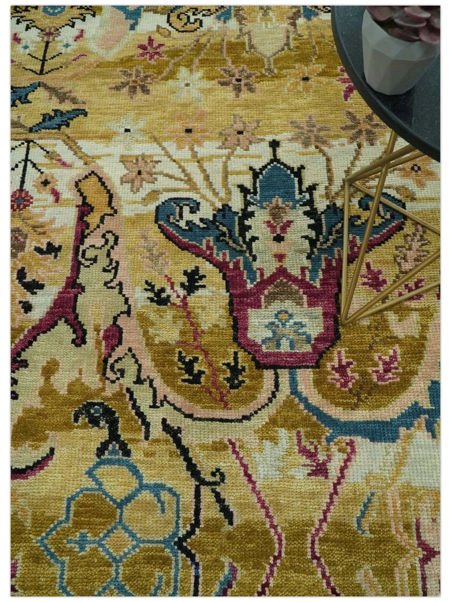 Custom Made Mustard and Teal transitional Dragon Oushak wool area rug - Image 2