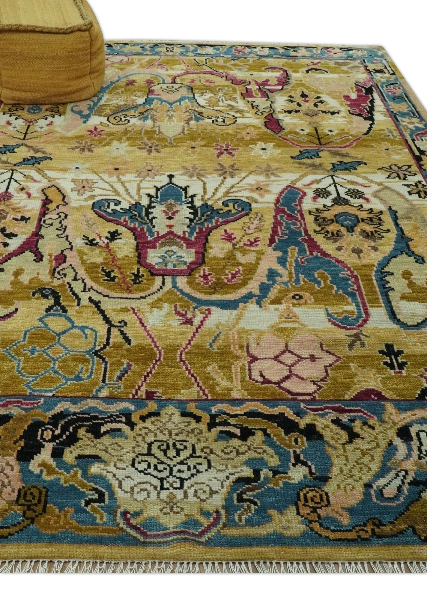 Custom Made Mustard and Teal transitional Dragon Oushak wool area rug - Image 3