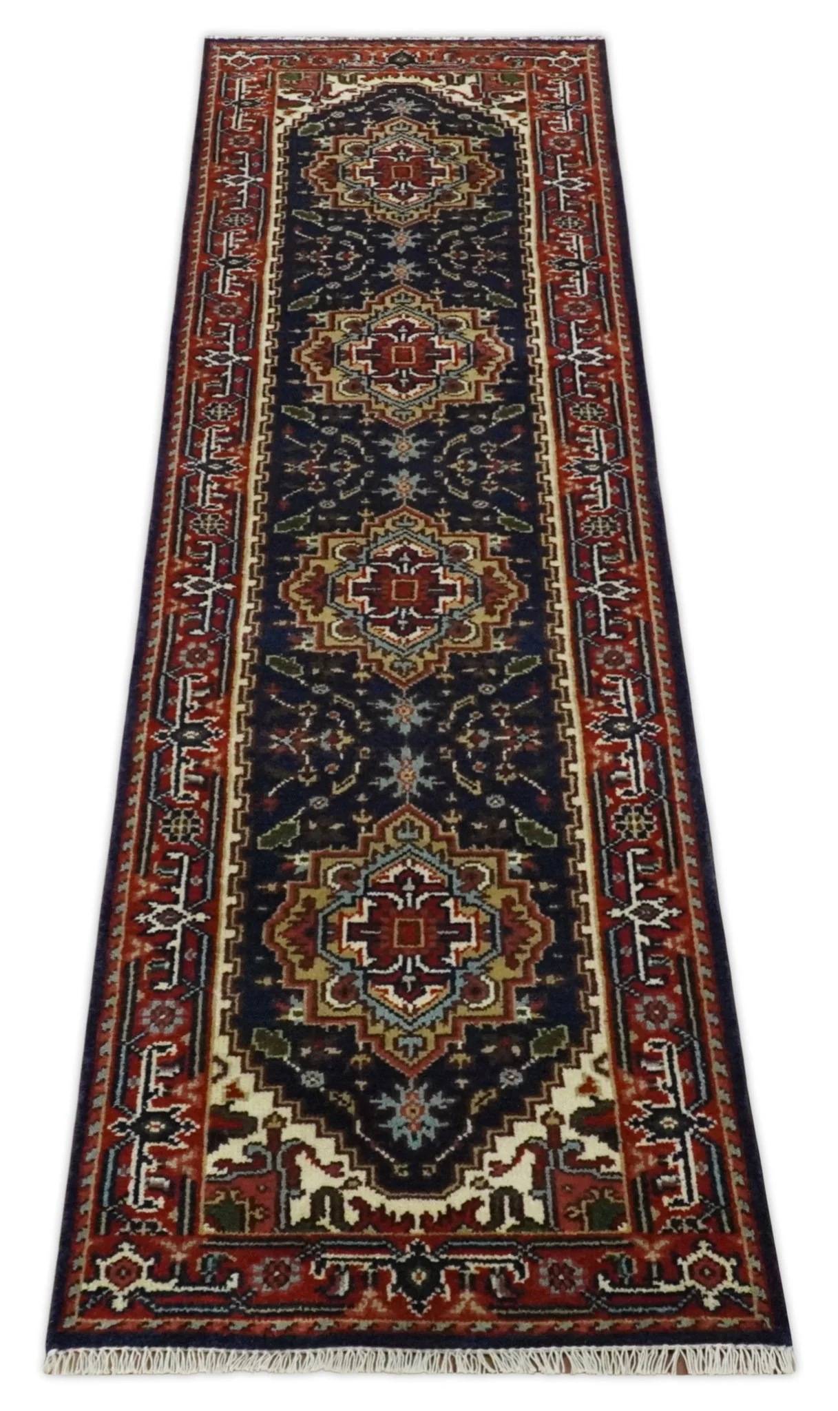 10 feet runner Hand knotted Mustard, Blue and Brown Traditional wool area rug - Image 9