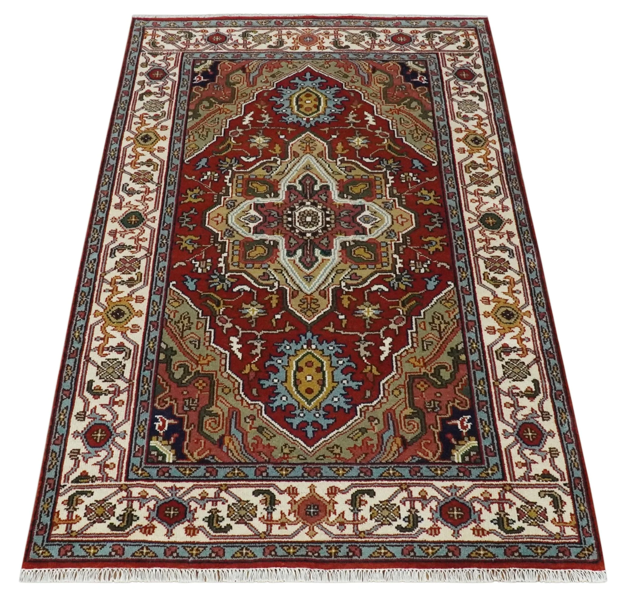Hand knotted 5x8 Mustard, Brown and Ivory Traditional Heriz Serapi wool area rug - Image 10