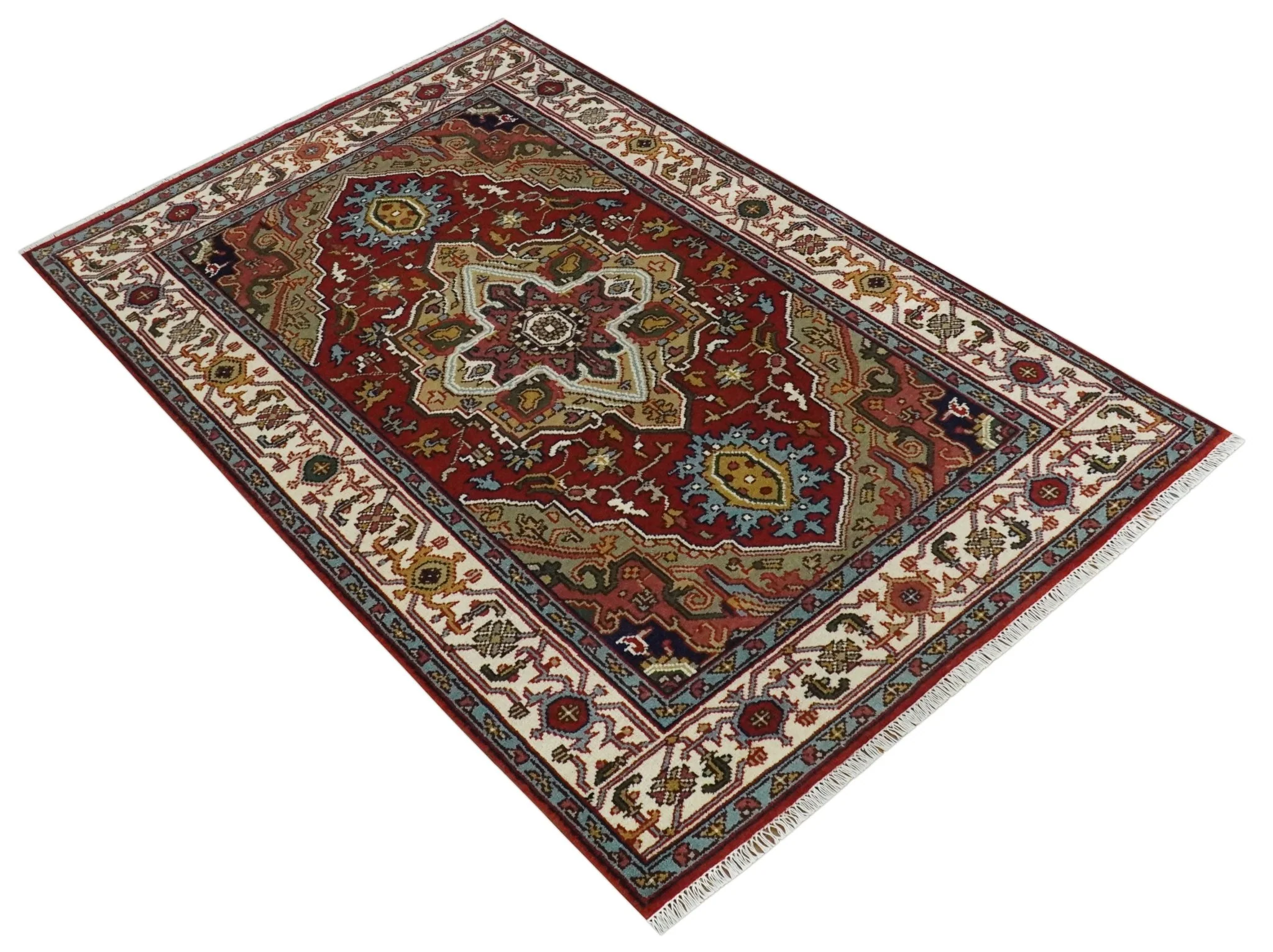 Hand knotted 5x8 Mustard, Brown and Ivory Traditional Heriz Serapi wool area rug - Image 9