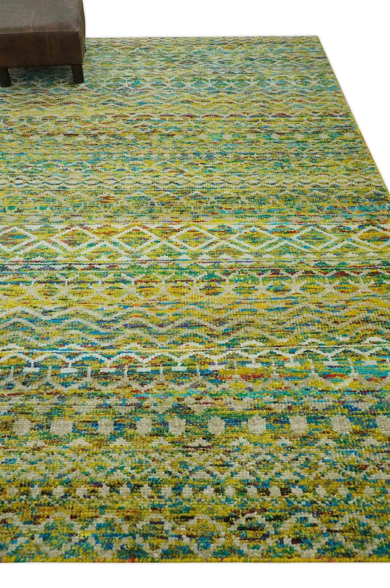 5.6x8.6 Hand Knotted Mustard, Teal and Ivory Southwestern Tribal Trellis wool Rug - Image 10