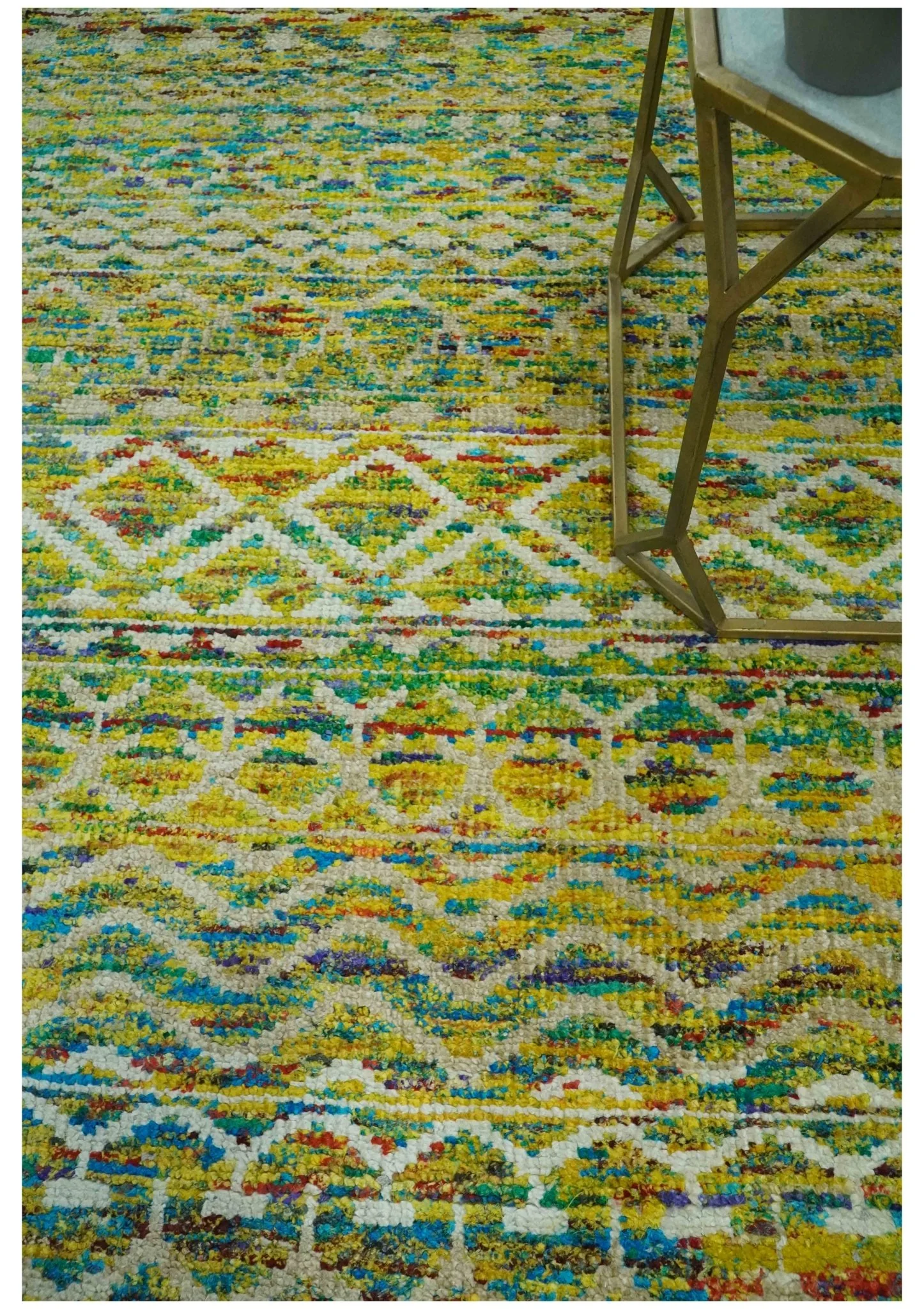 5.6x8.6 Hand Knotted Mustard, Teal and Ivory Southwestern Tribal Trellis wool Rug - Image 2