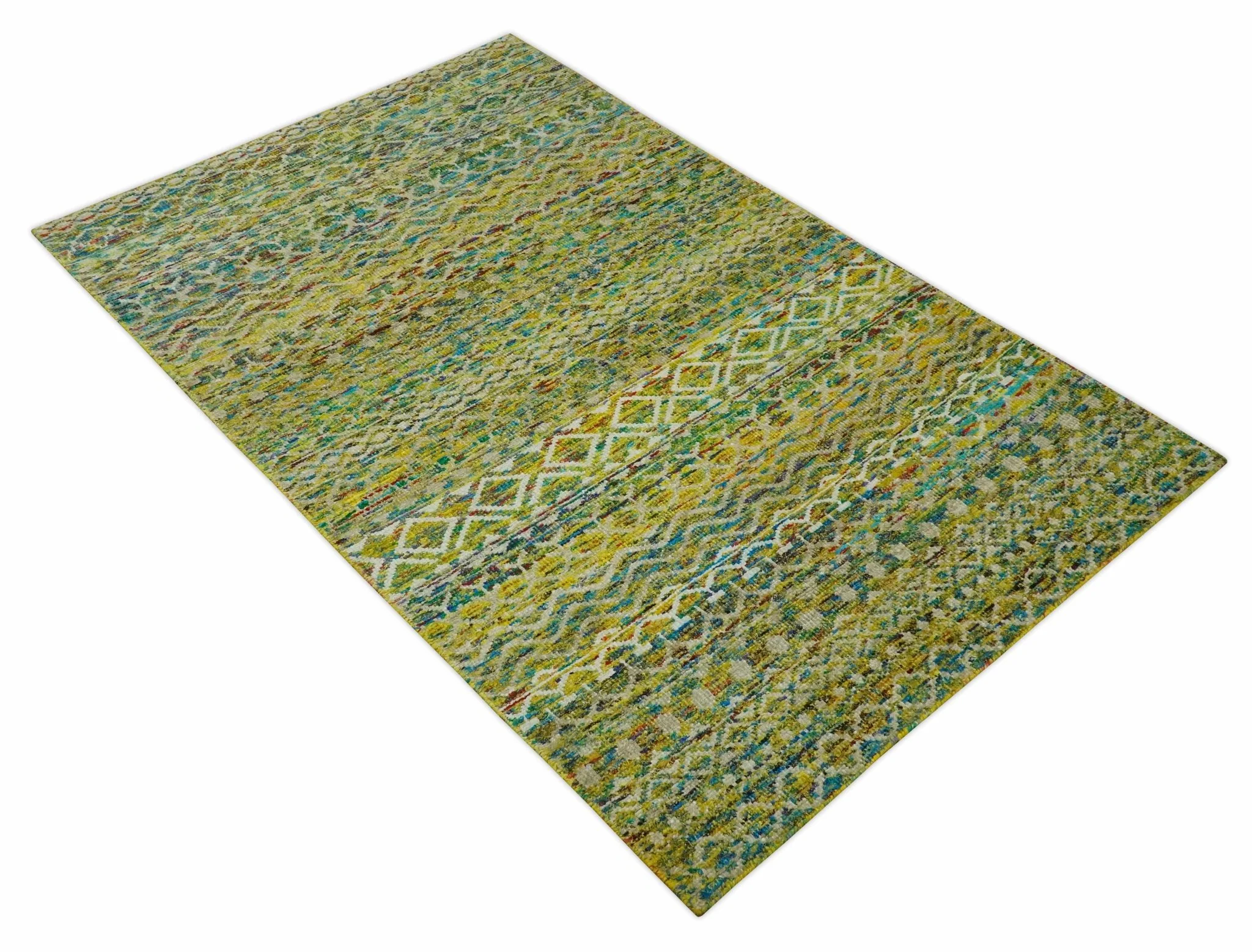 5.6x8.6 Hand Knotted Mustard, Teal and Ivory Southwestern Tribal Trellis wool Rug - Image 3